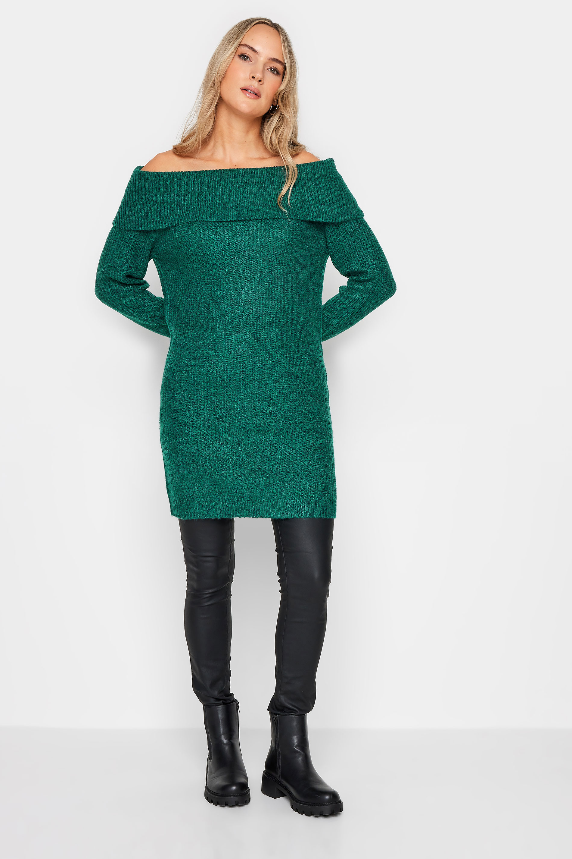 LTS Tall Dark Green Bardot Tunic Jumper Dress | Long Tall Sally 2
