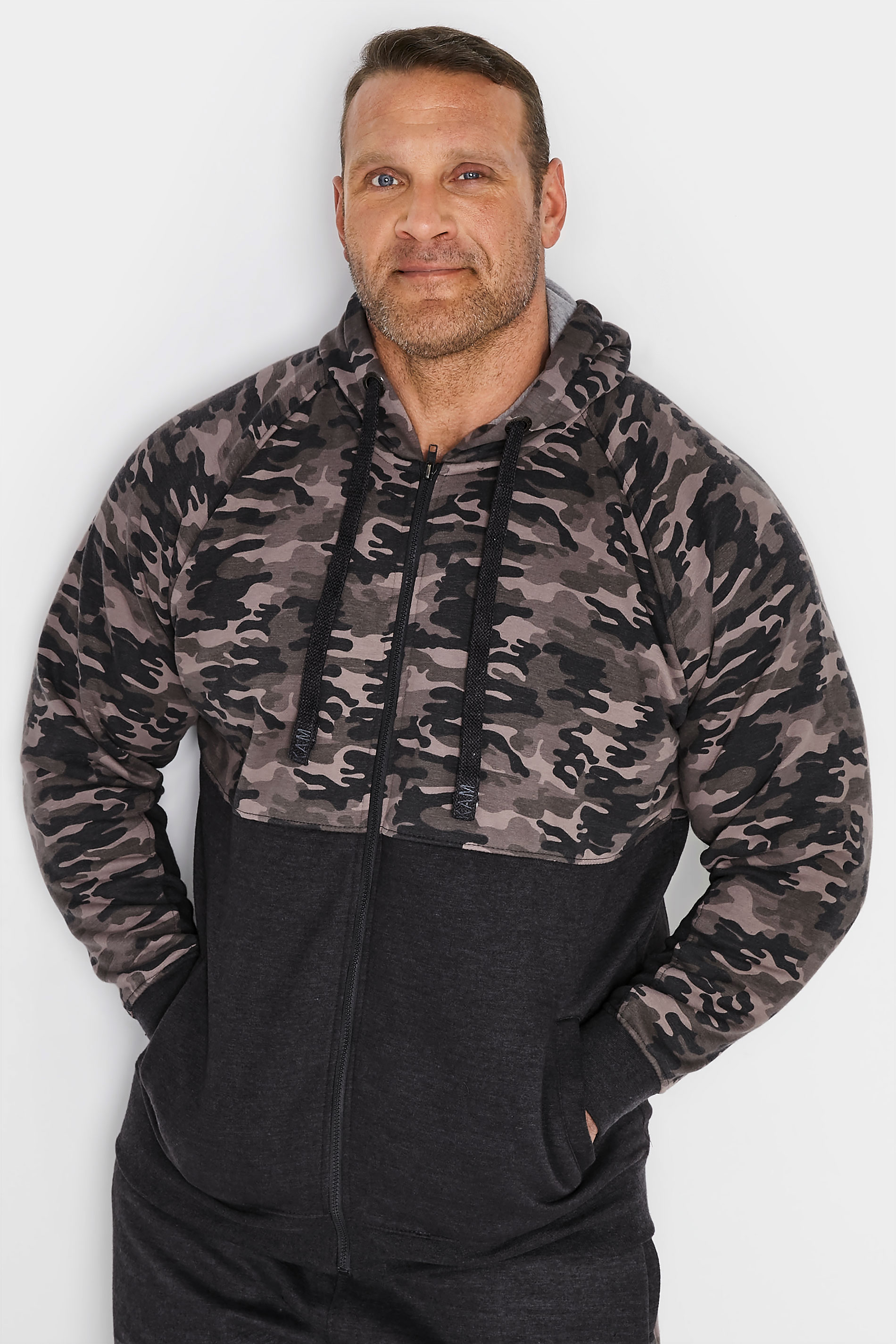 KAM Charcoal Grey Camo Colour Block Zip Through Hoodie | BadRhino 3