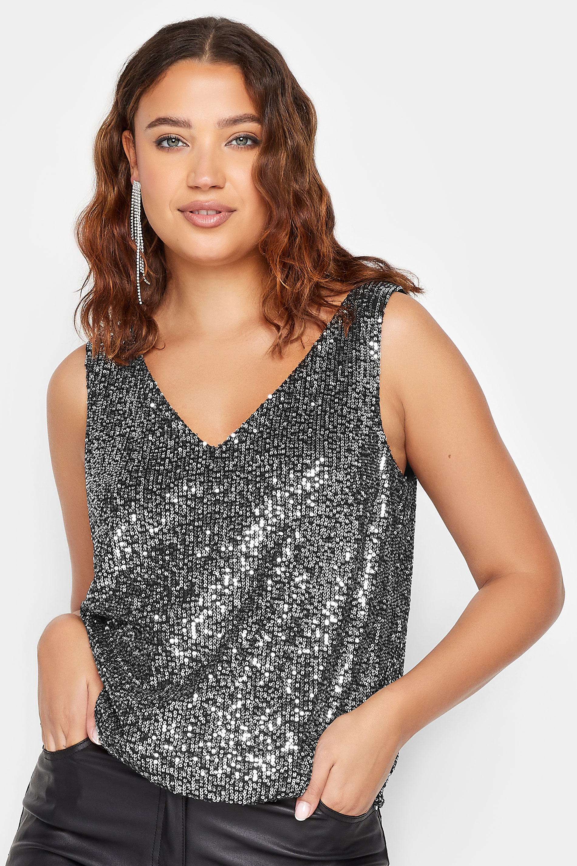 LTS Tall Silver Sequin V-Neck Cami Top | Long Tall Sally 2