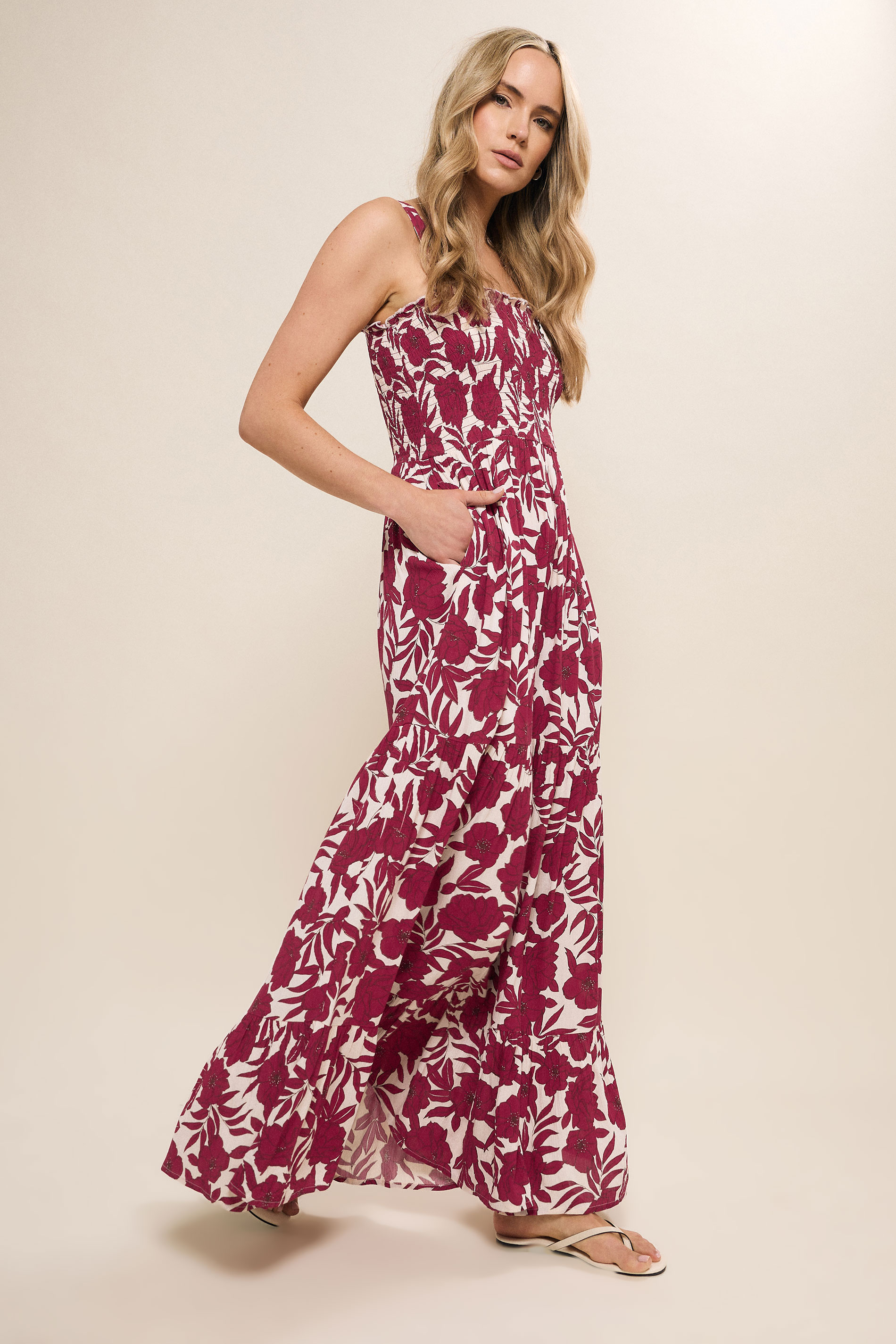 LTS Tall Red Abstract Floral Shirred Maxi Dress | Long Tall Sally 3