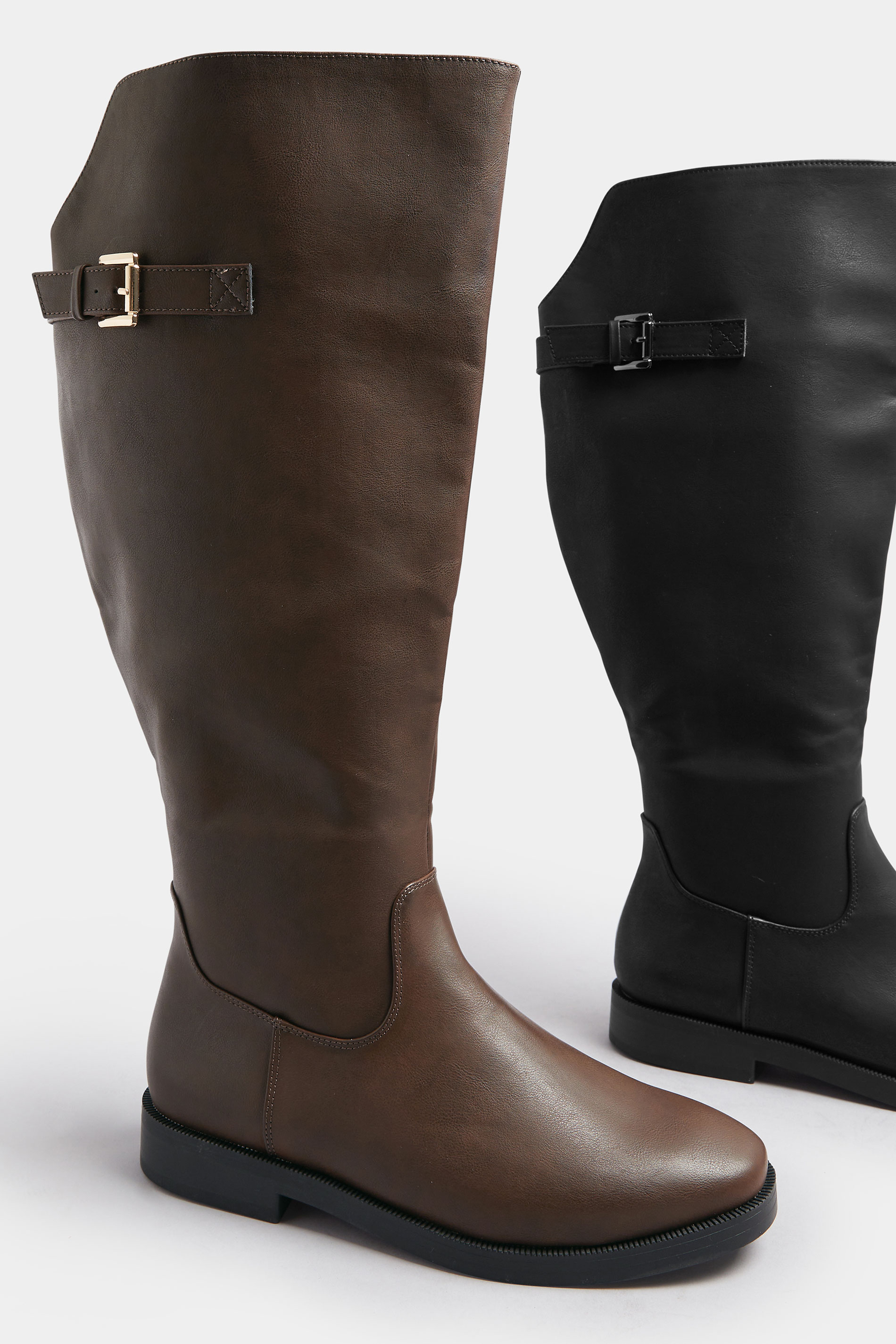 Brown Faux Leather Buckle Detail Knee High Boots In Extra Wide EEE Fit | Yours Clothing 6