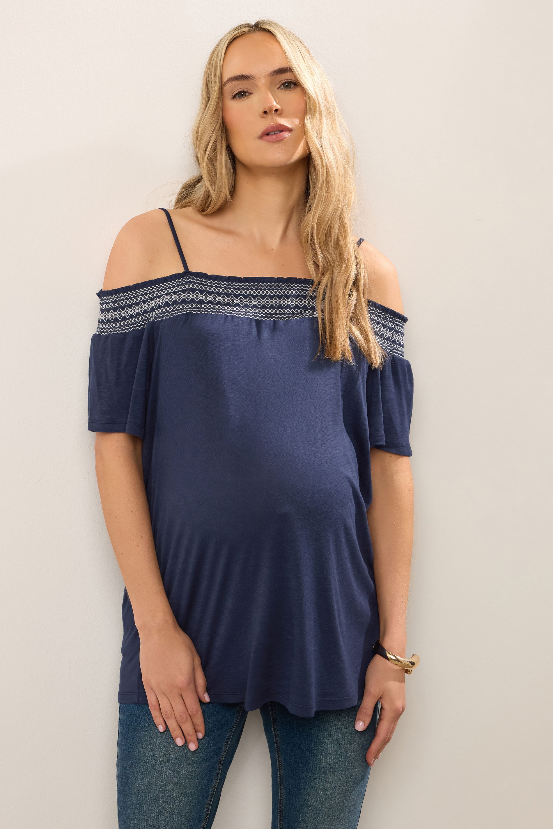 LTS Tall Maternity Navy Blue Embroidered Bardot Top | Long Tall Sally 1
