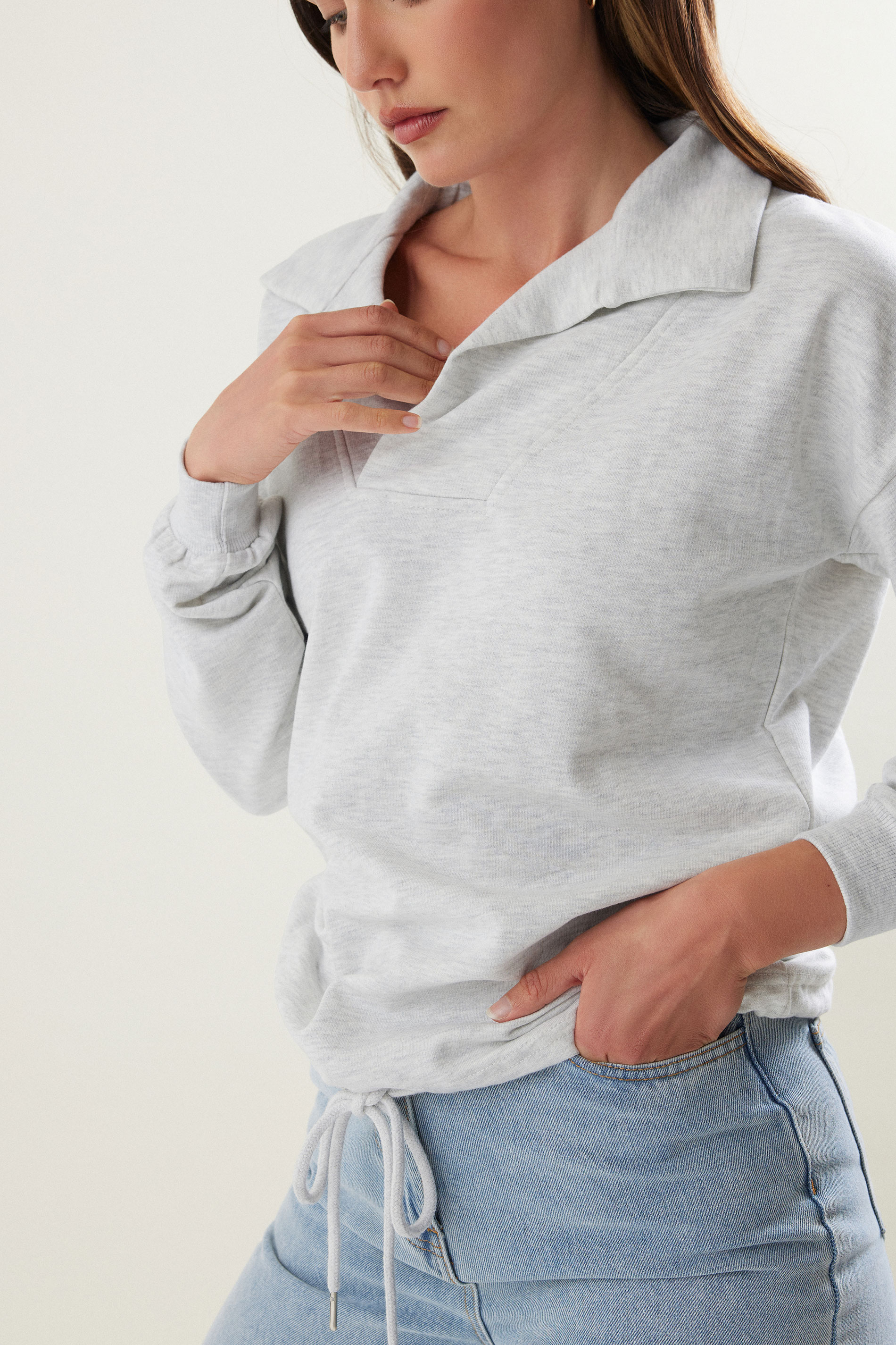 LTS Tall Grey Marl Drawstring Cross Over Sweatshirt | Long Tall Sally 4