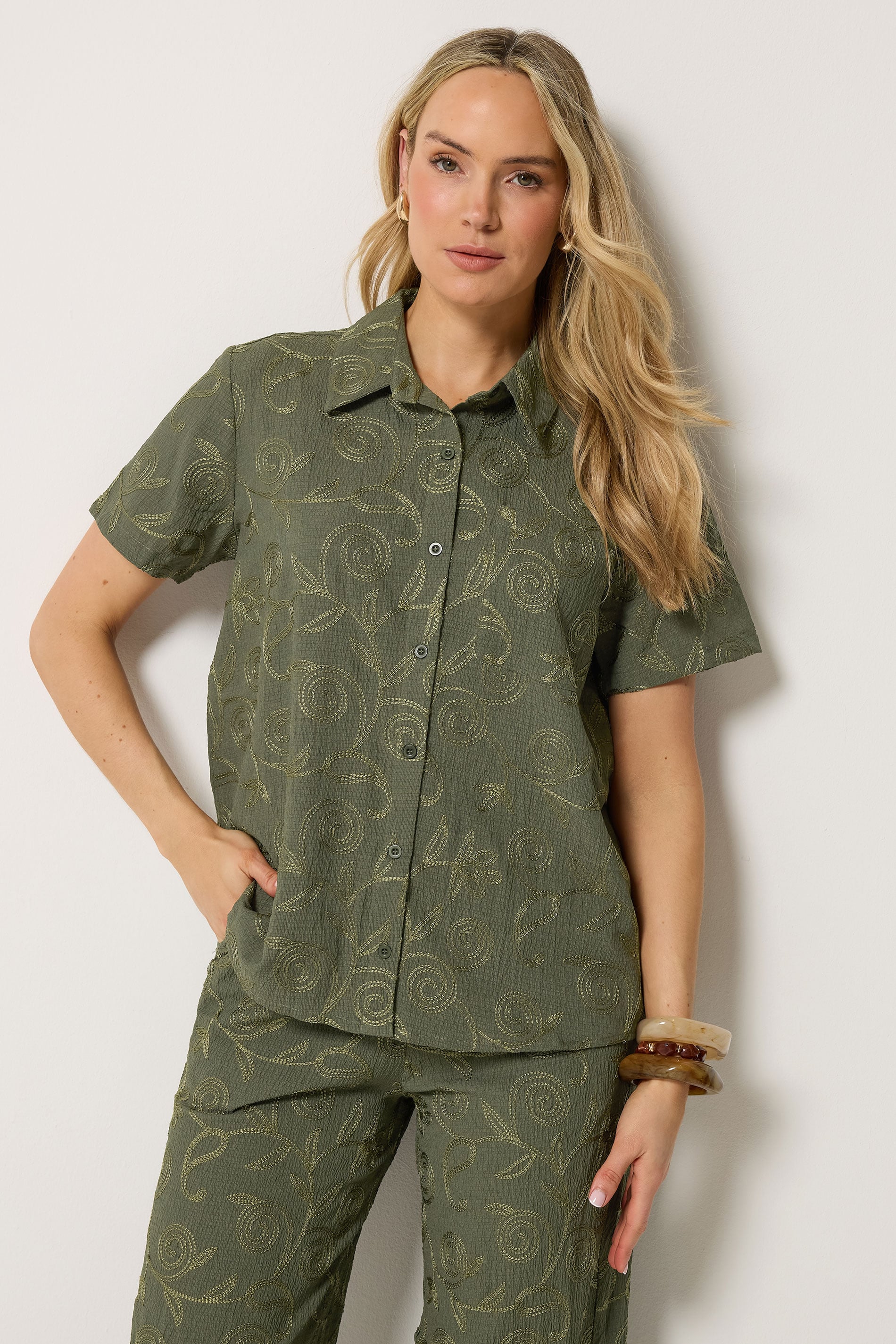 LTS Tall Women's Set Olive Green Floral Embroidered Shirt & Trousers | Long Tall Sally  1