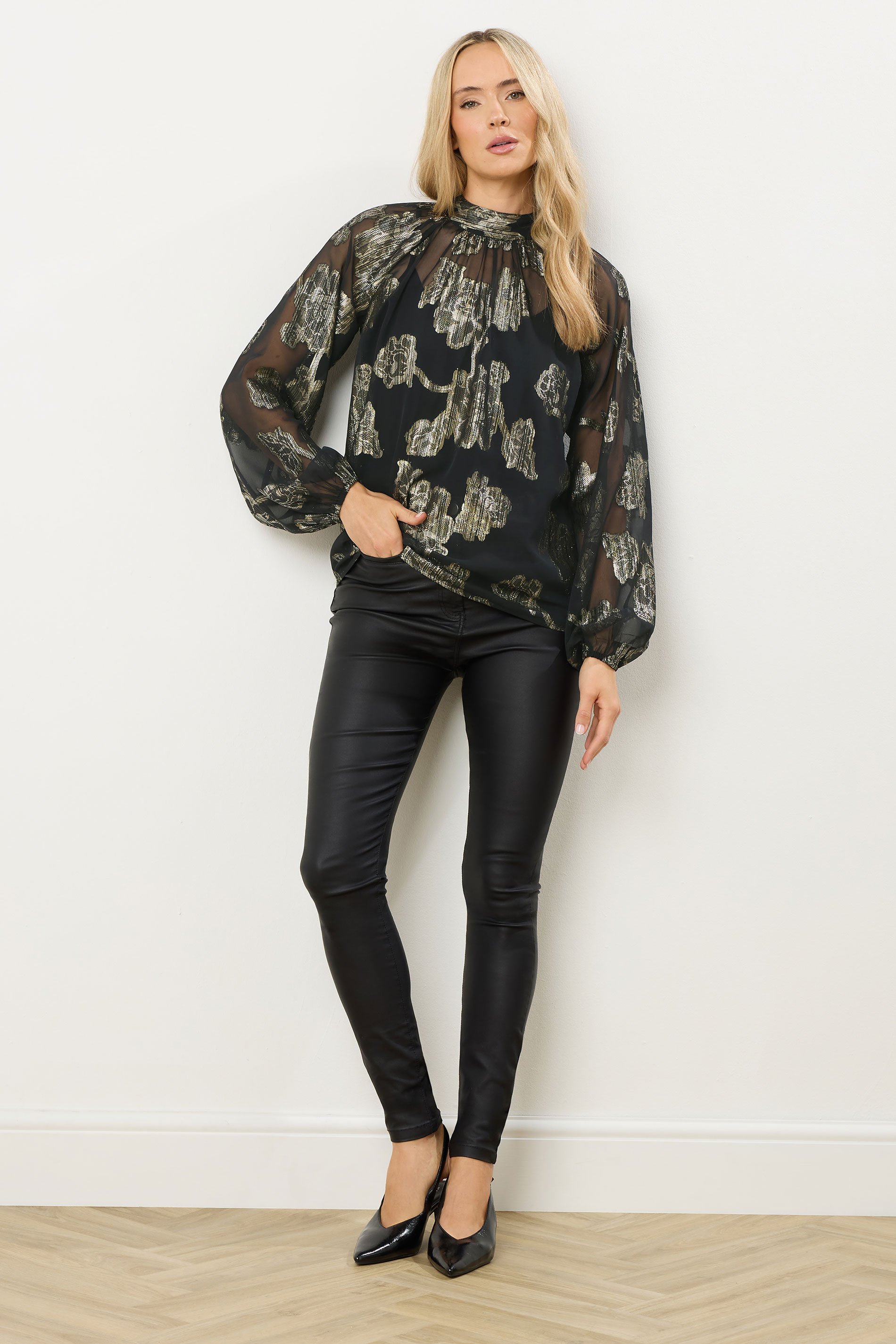 LTS Tall Black Floral Jacquard High Neck Blouse | Long Tall Sally 2