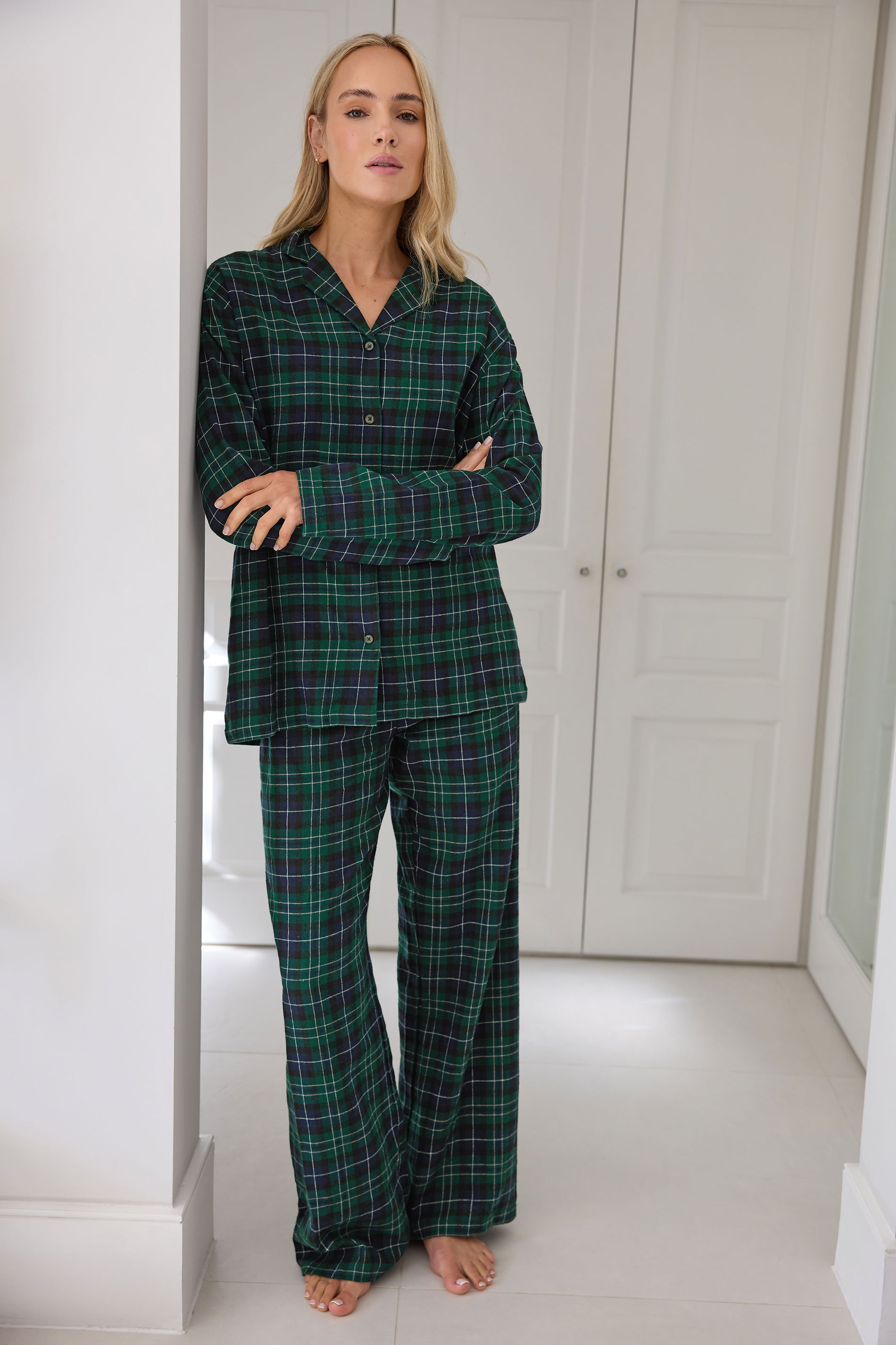 LTS Tall Navy Blue & Green Cotton Check Pyjama Set | Long Tall Sally 1
