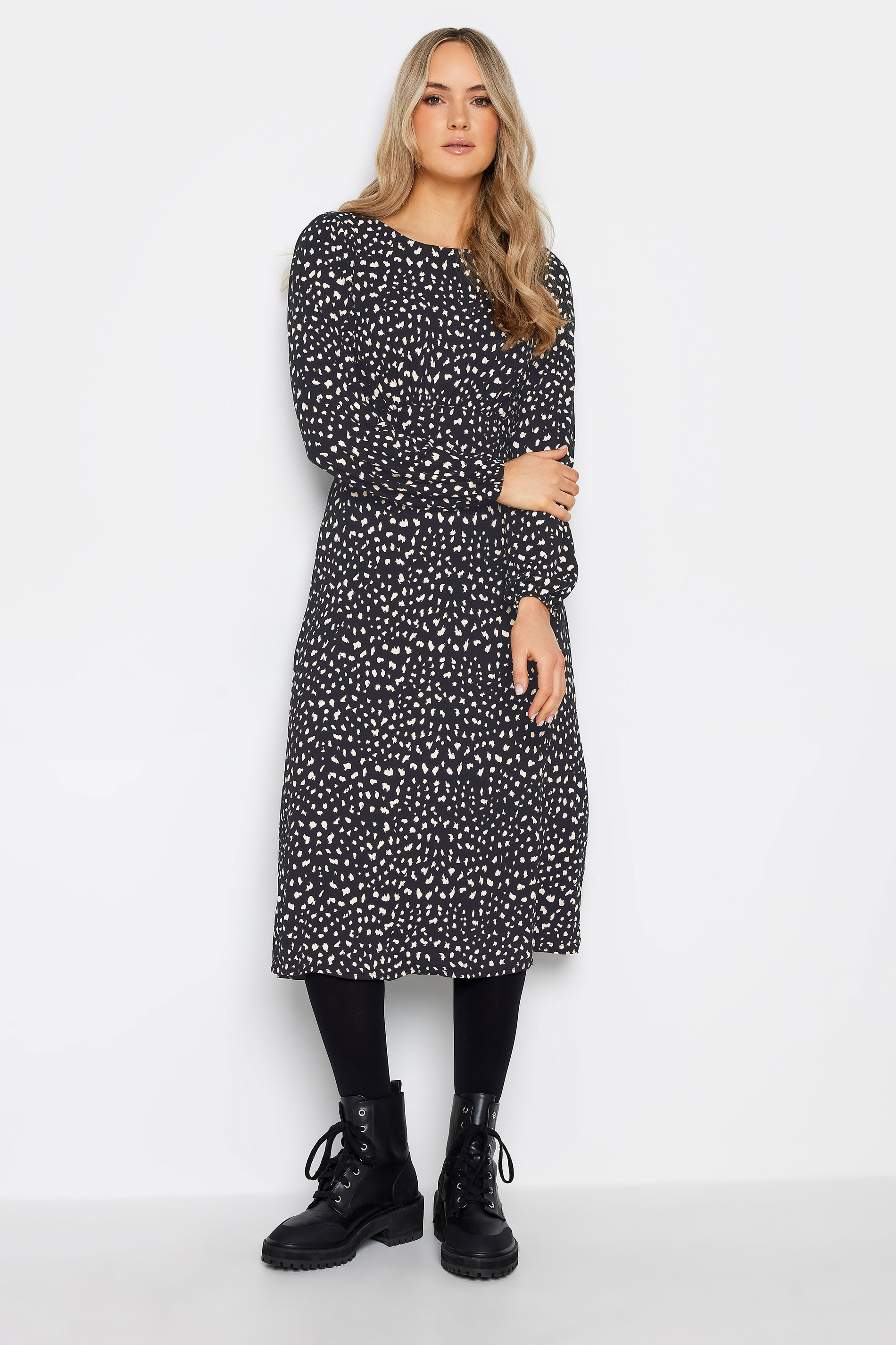 LTS Tall Black Long Sleeve Markings Print Midi Tea Dress | Long Tall Sally 1