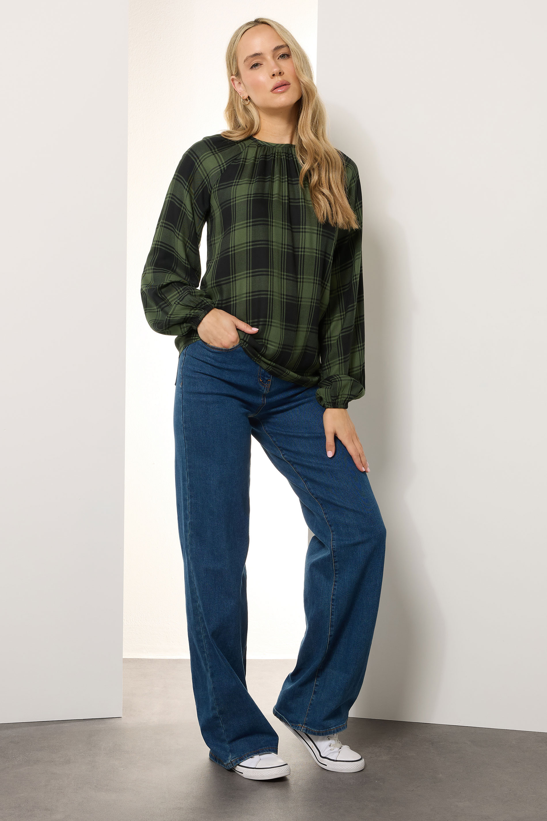 LTS Tall Khaki Green Check Balloon Sleeve Blouse | Long Tall Sally 4