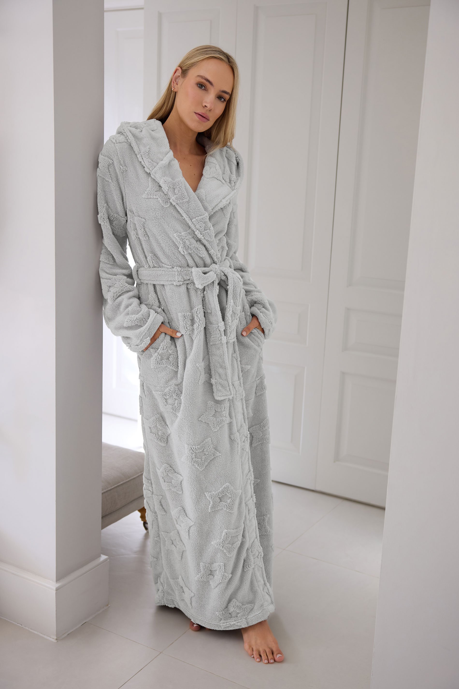 LTS Tall Light Grey Star Embossed Dressing Gown | Long Tall Sally 1
