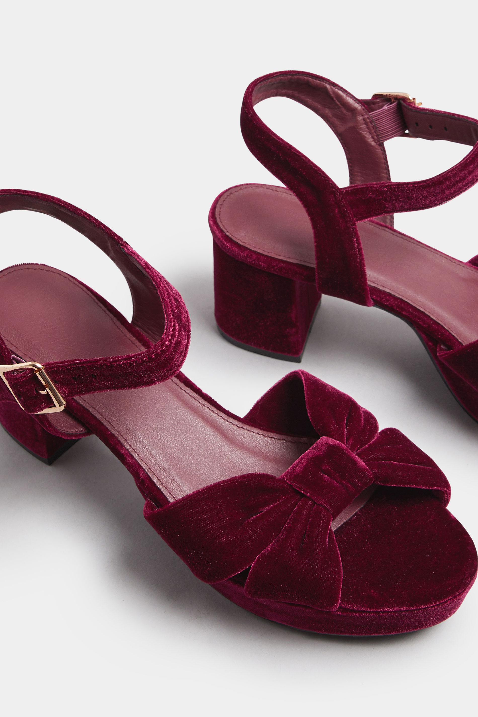 Burgundy Red Velvet Bow Strap Platform Heels In Extra Wide Fit | Yours Clothing 6