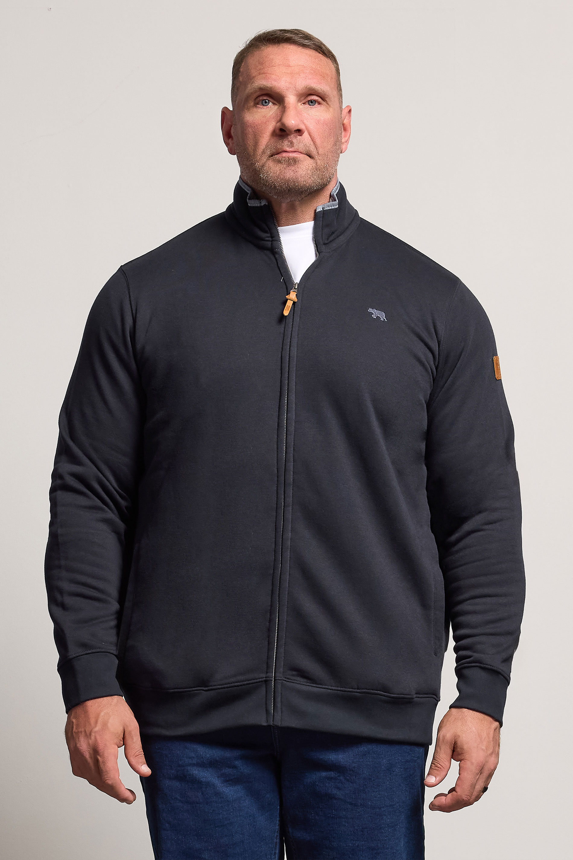 D555 Big & Tall Navy Blue Embroidery Zip Through Fleece Lined Jacket | BadRhino 1