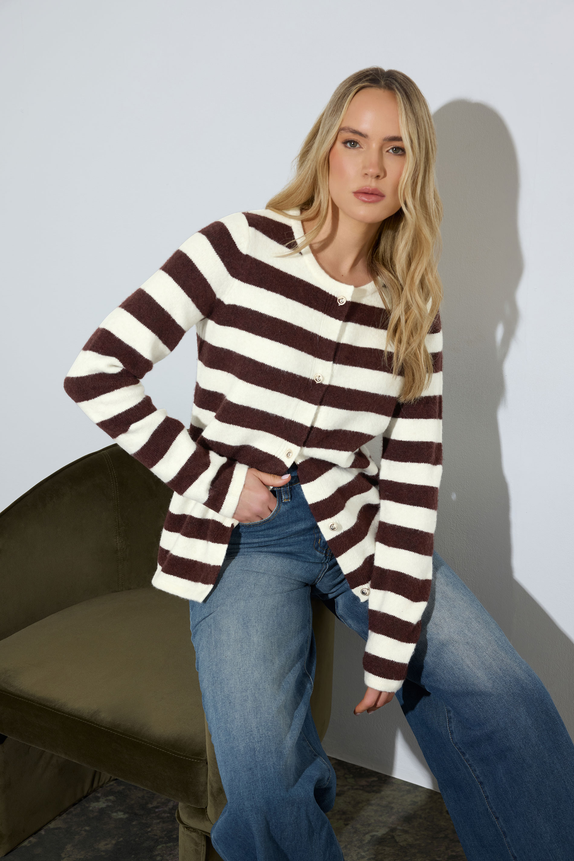 Lts Women's Brown Tall Chocolate Stripe Knitted Cardigan Size 22-24