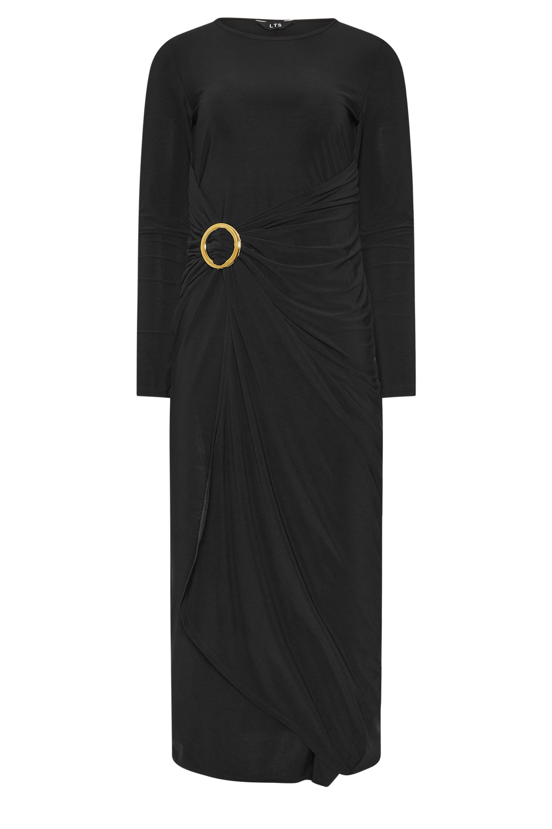 LTS Tall Black Jersey Drape Long Sleeve Buckle Dress | Long Tall Sally 1