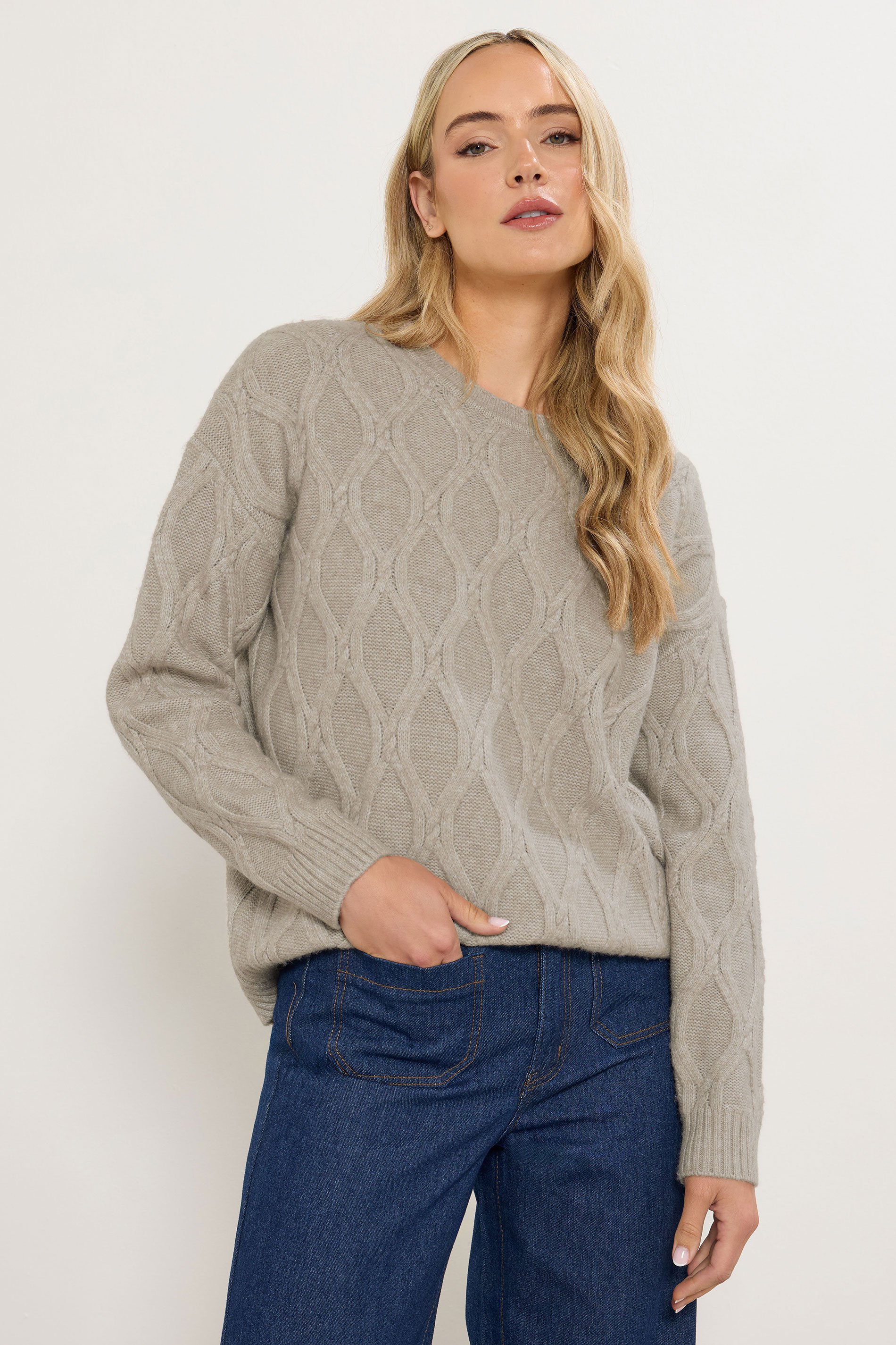 LTS Tall Natural Brown Cable Knit Jumper | Long Tall Sally 1