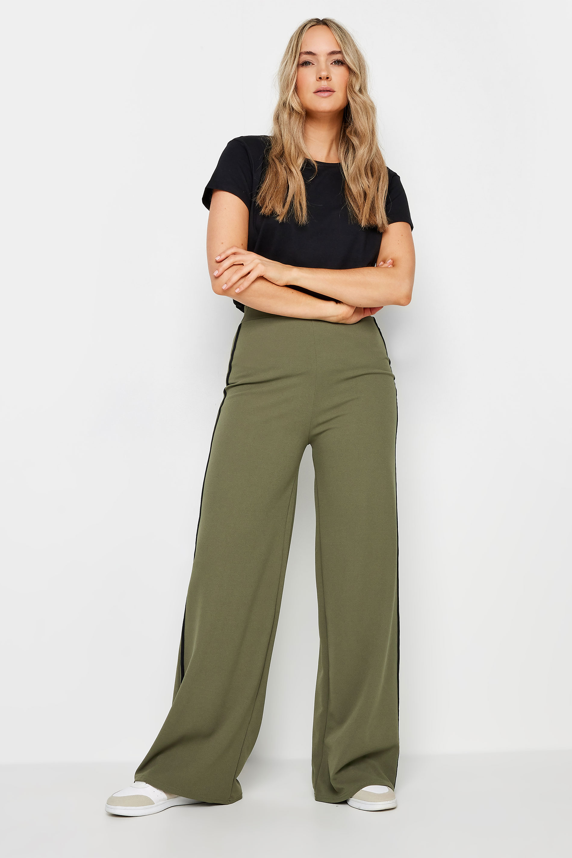 LTS Tall Womens Khaki Green & Black Side Stripe Wide Leg Trousers