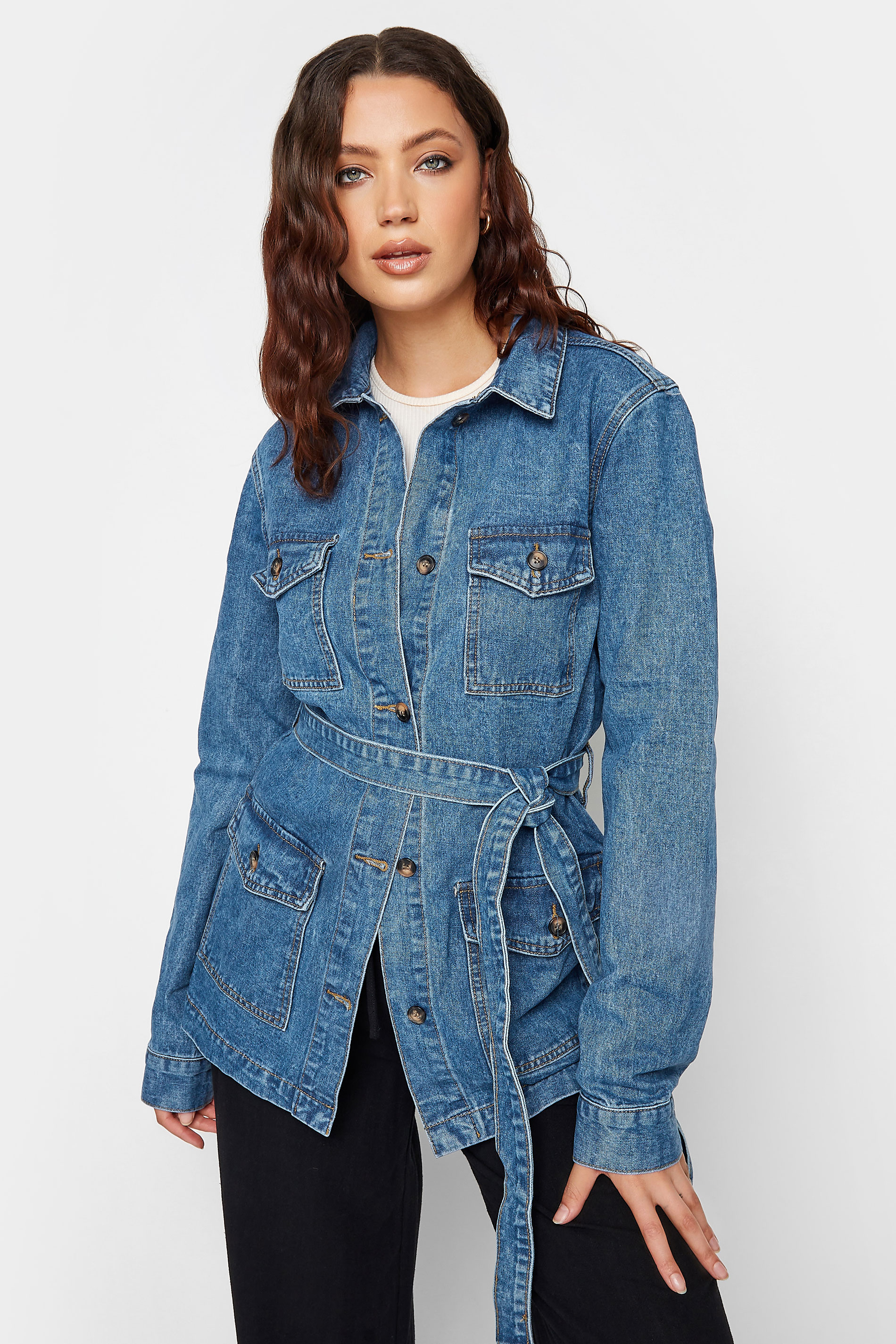 LTS Tall Women's Blue Belted Denim Jacket | Long Tall Sally  1