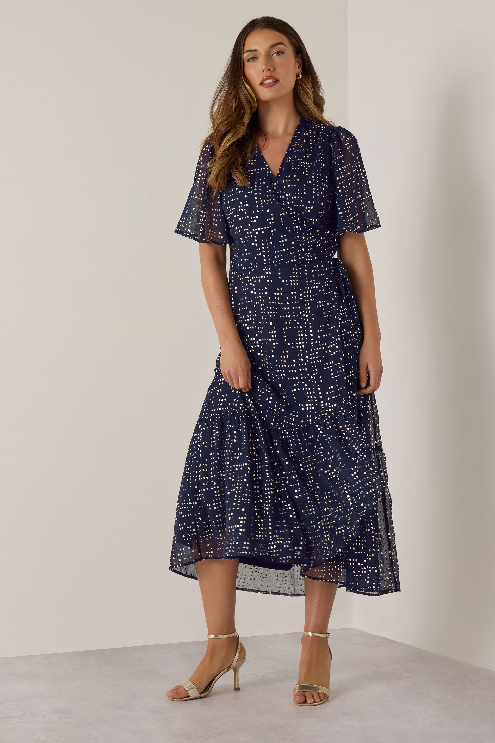 LTS Tall Navy Blue Chiffon Foil Dot Wrap Dress | Long Tall Sally 2