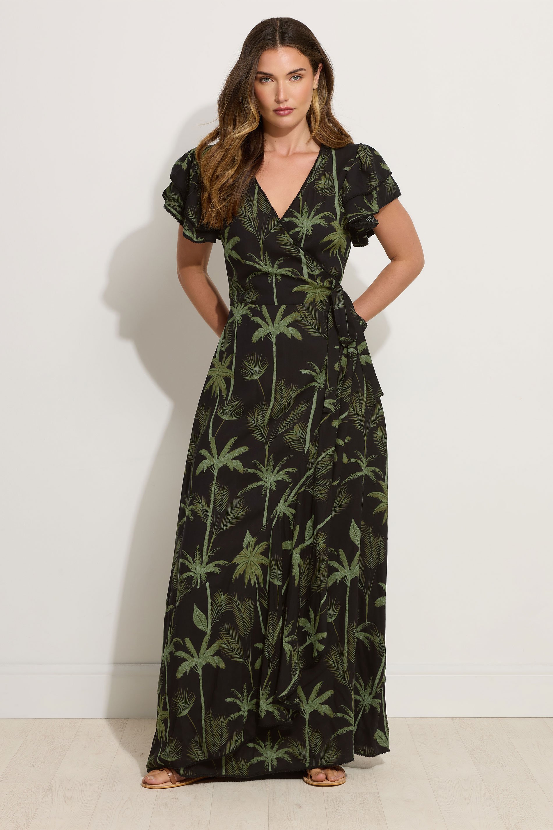 LTS Tall Black Tropical Palm Frill Sleeve Maxi Dress | Long Tall Sally 3
