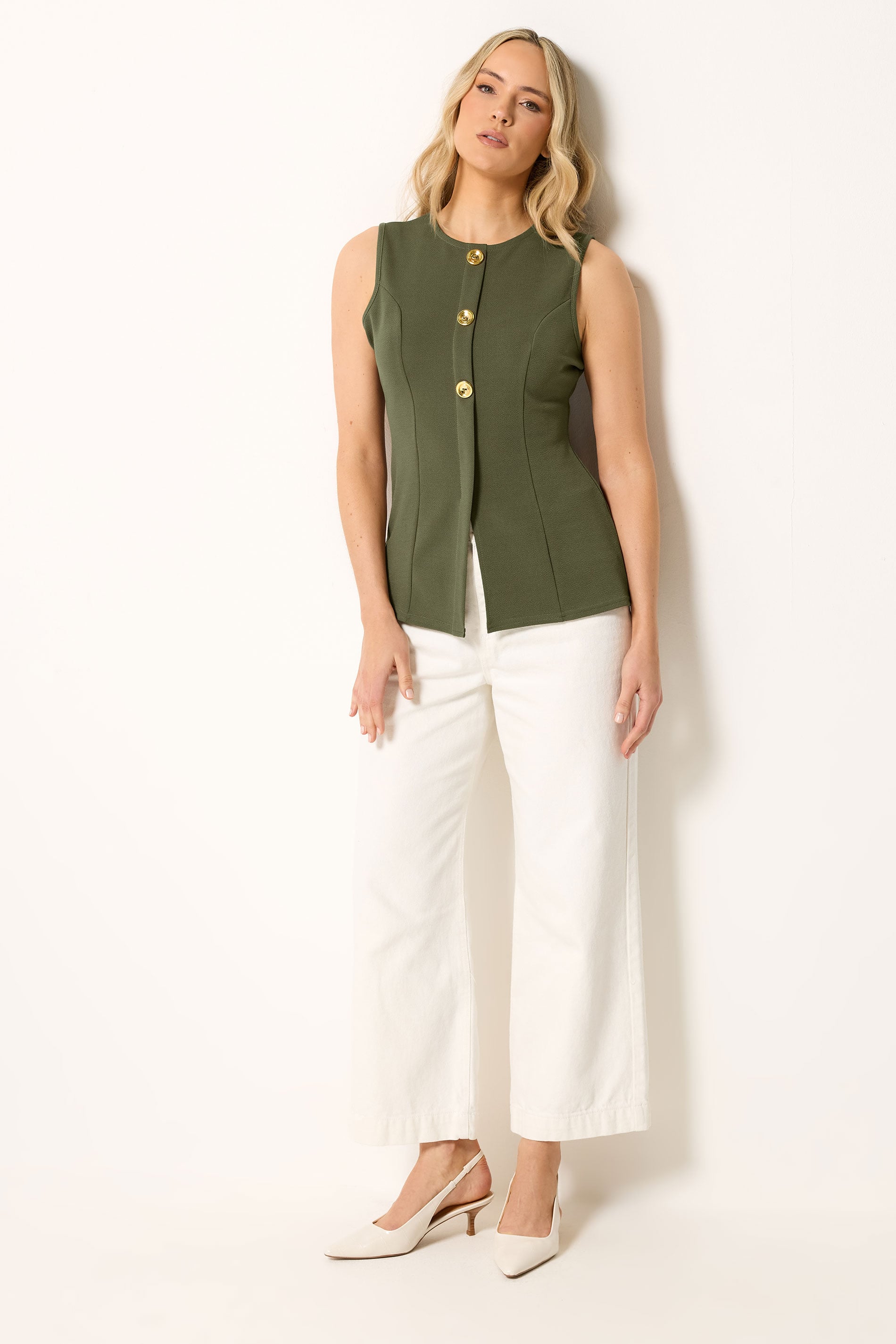 LTS Tall Women's Khaki Green Textured Button Waistcoat | Long Tall Sally 1