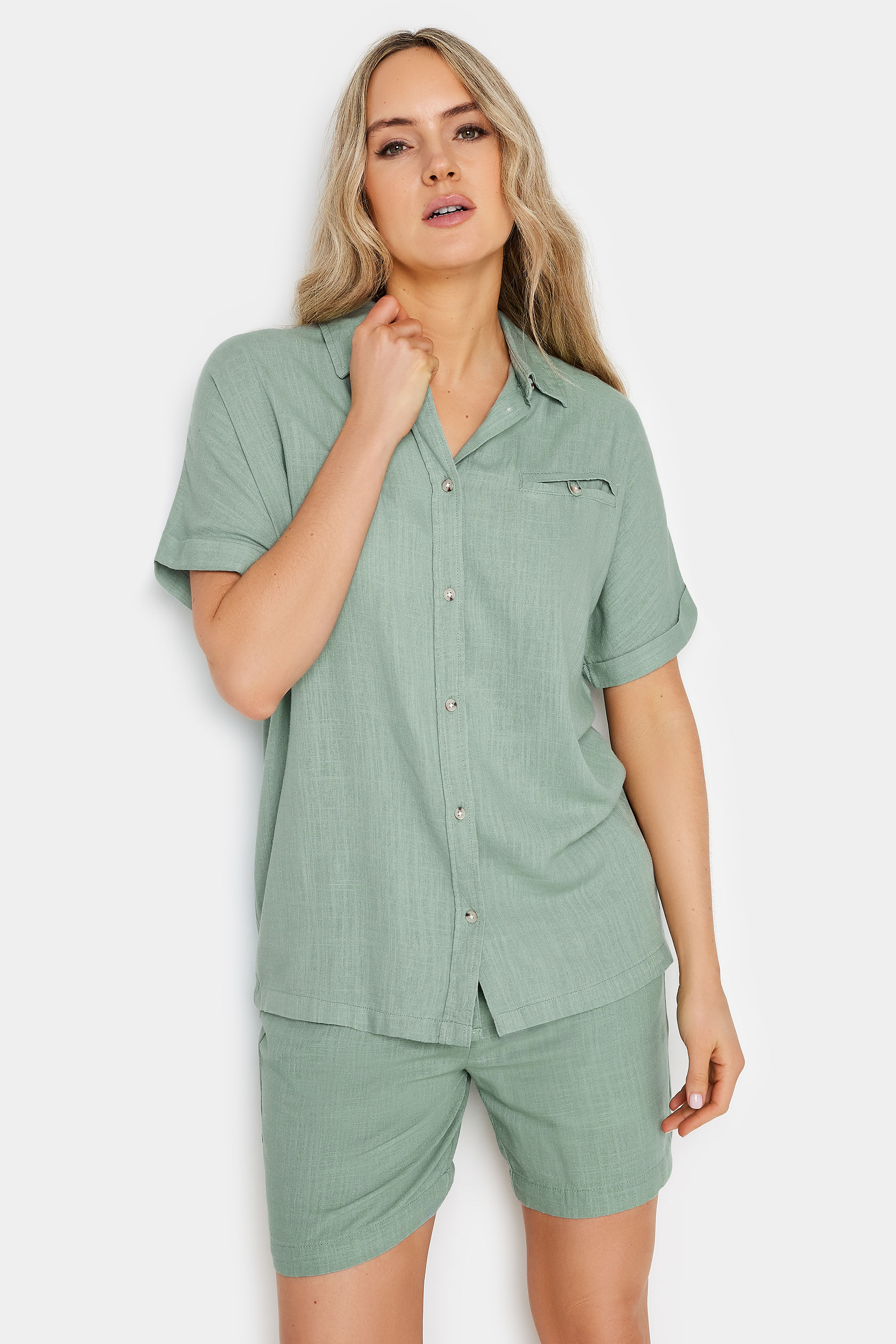 LTS Tall Womens Sage Green Linen Short Sleeve Shirt | Long Tall Sally 1