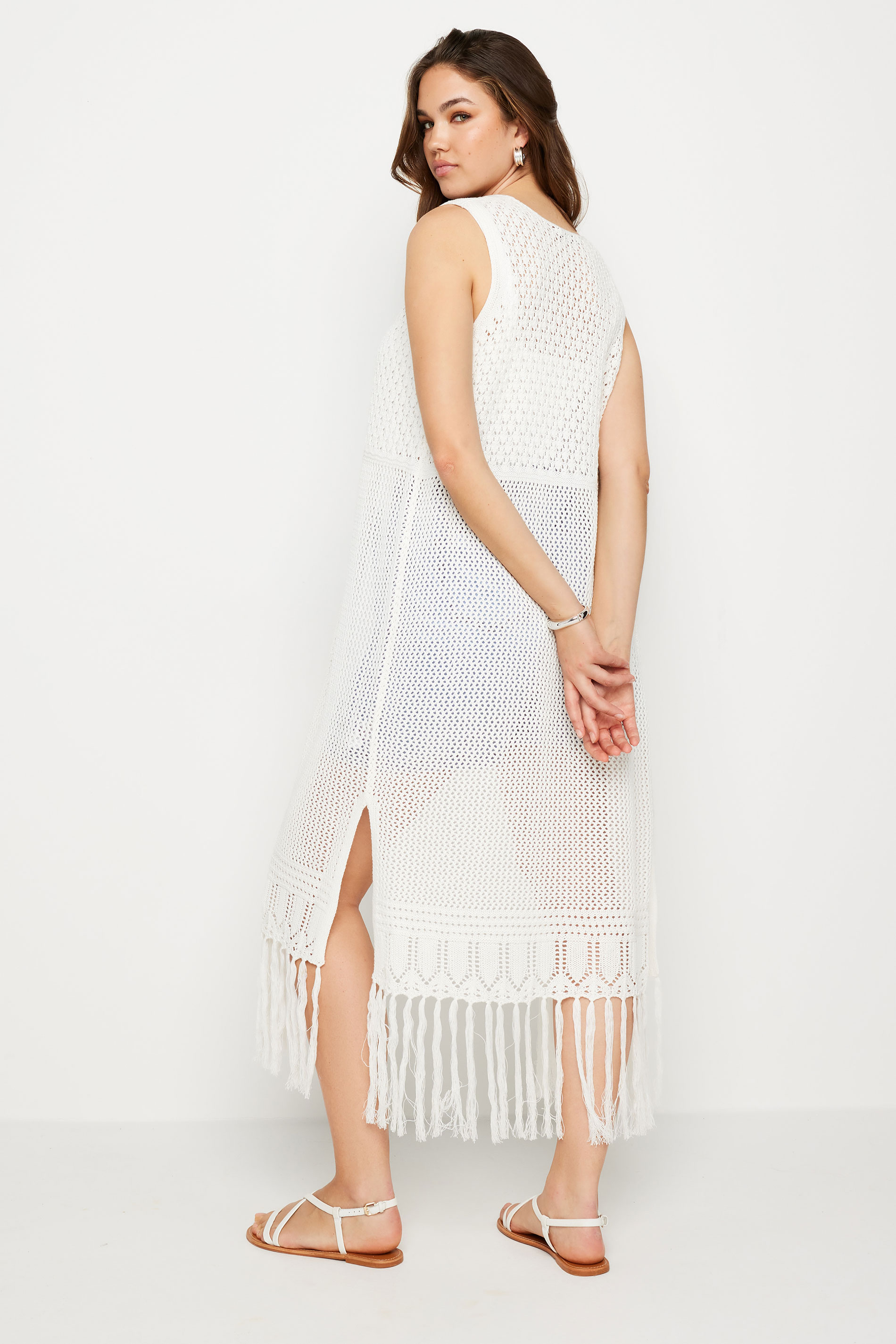 LTS Tall Women's White Crochet Longline Waistcoat | Long Tall Sally 3