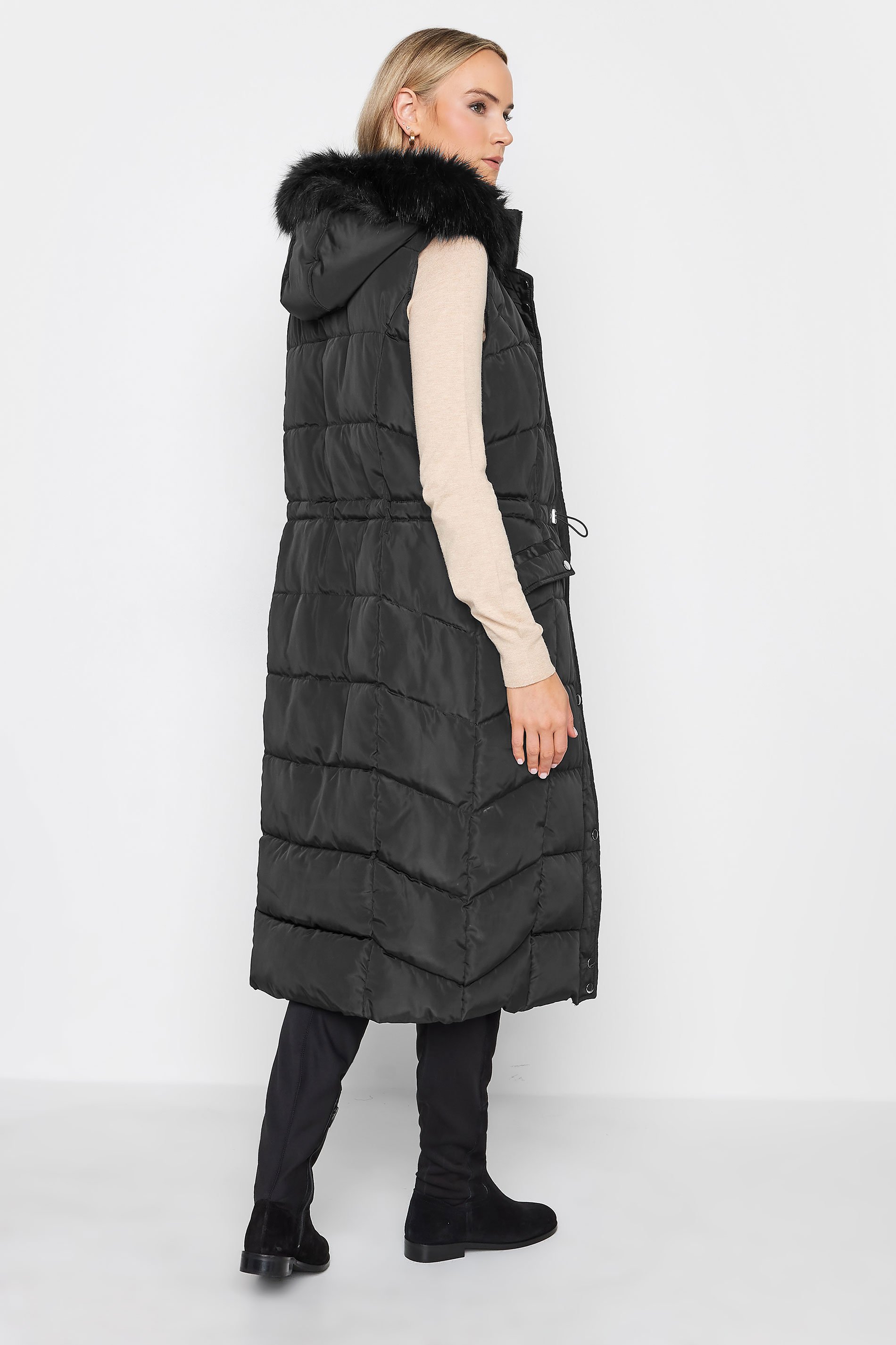 LTS Tall Black Faux Fur Trim Hooded Midi Gilet | Long Tall Sally 4