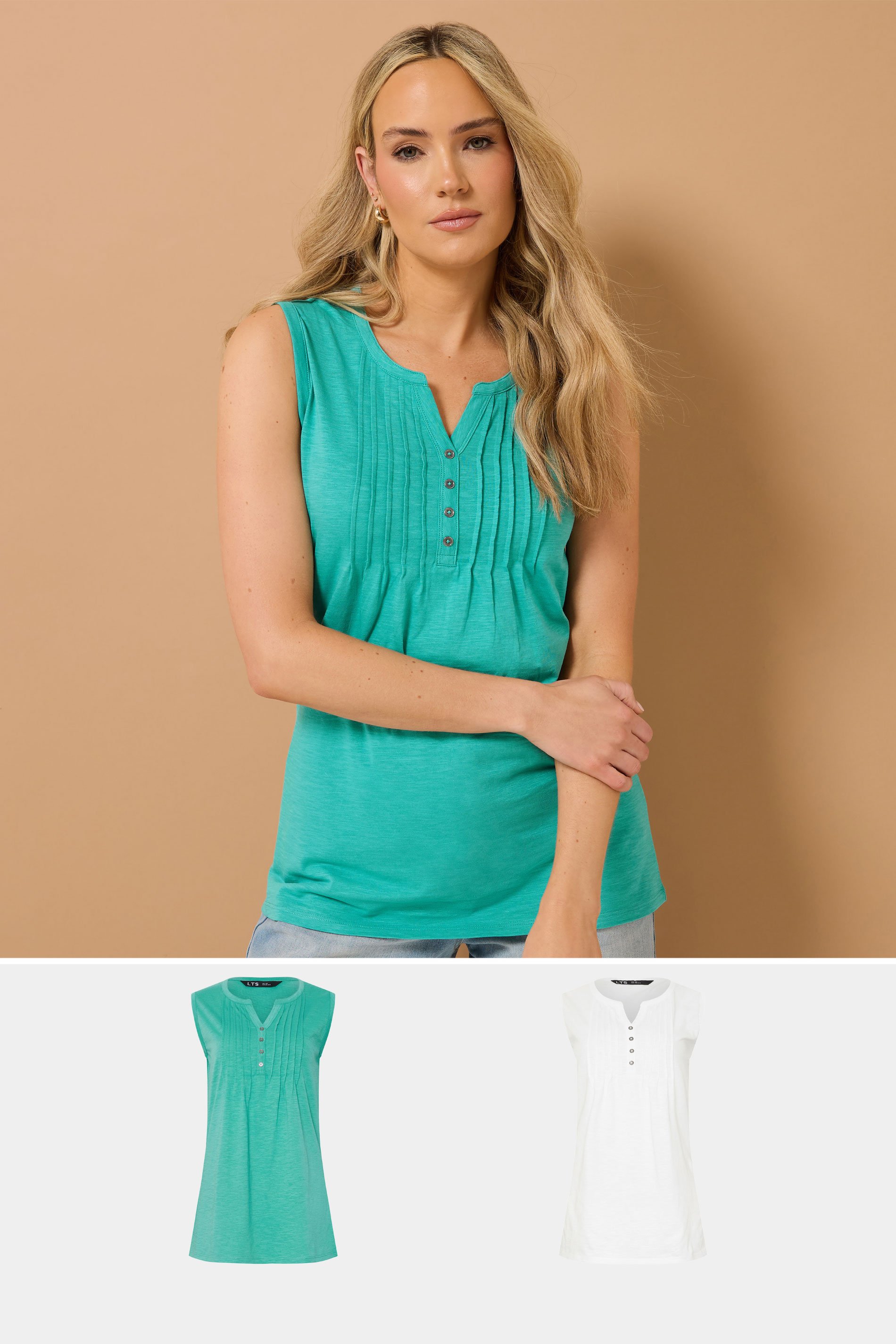 LTS Tall 2 PACK Turquoise Green & White Henley Vest Tops | Long Tall Sally 1