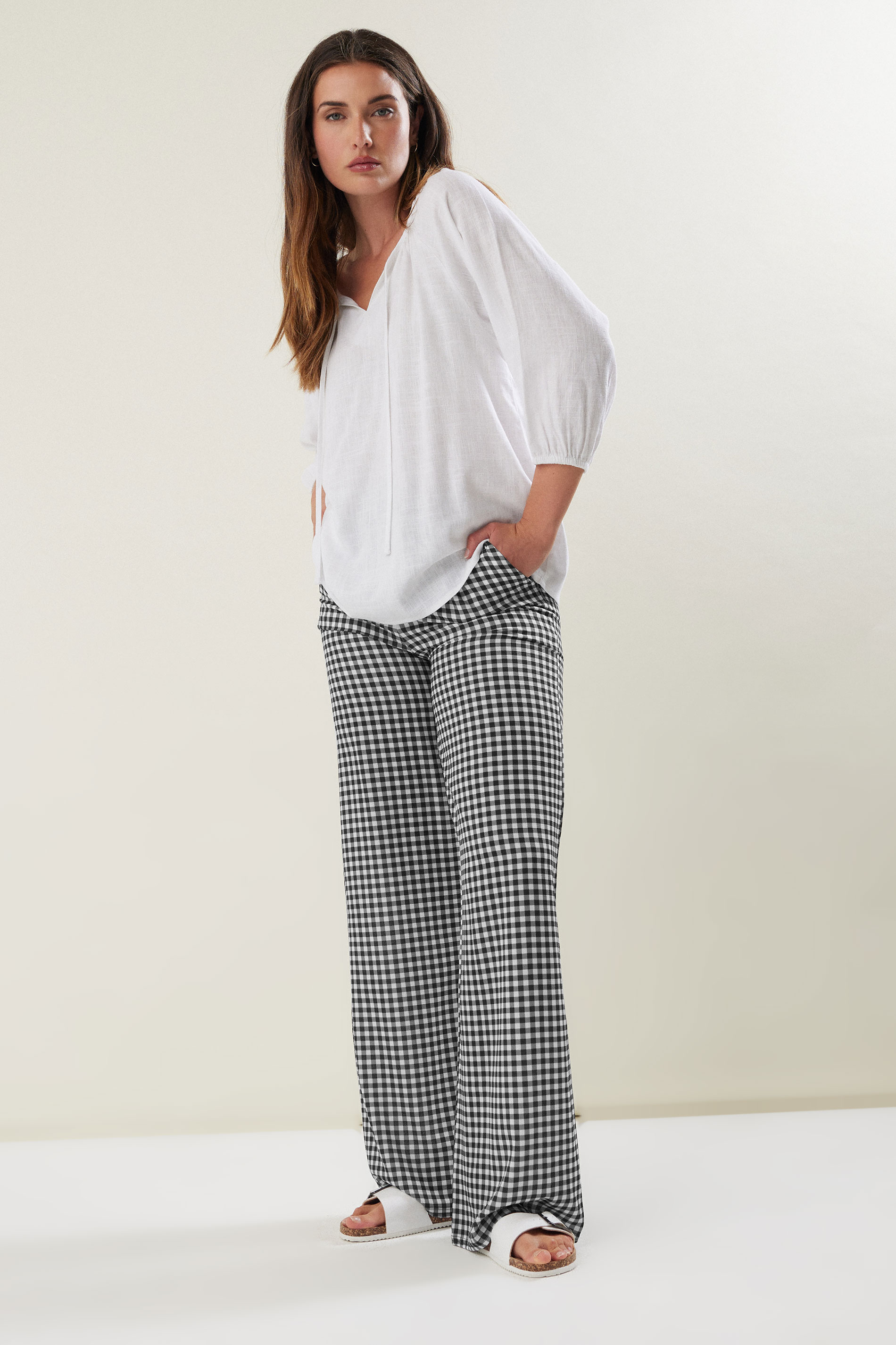 LTS Tall Black Gingham Wide Leg Trousers | Long Tall Sally 1