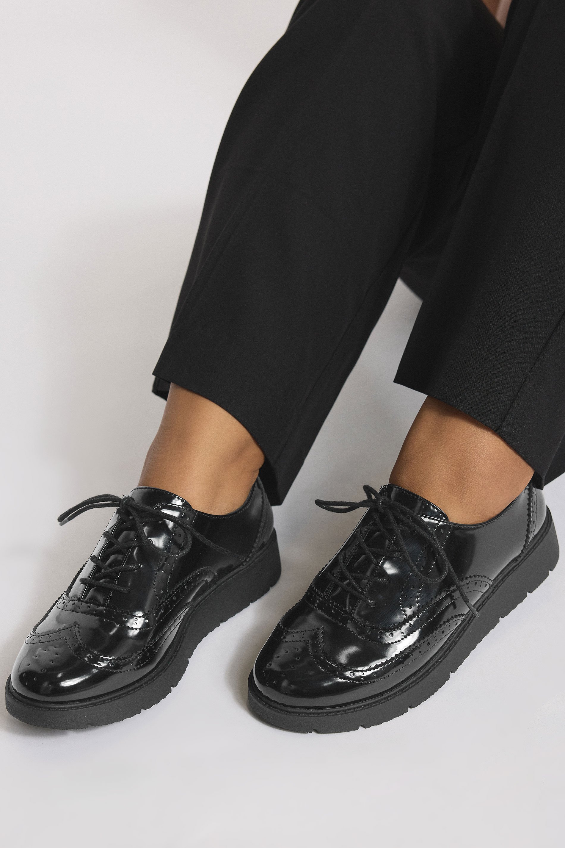 Black Patent Lace Up Brogue Flats In Extra Wide EEE Fit | Yours Clothing 1