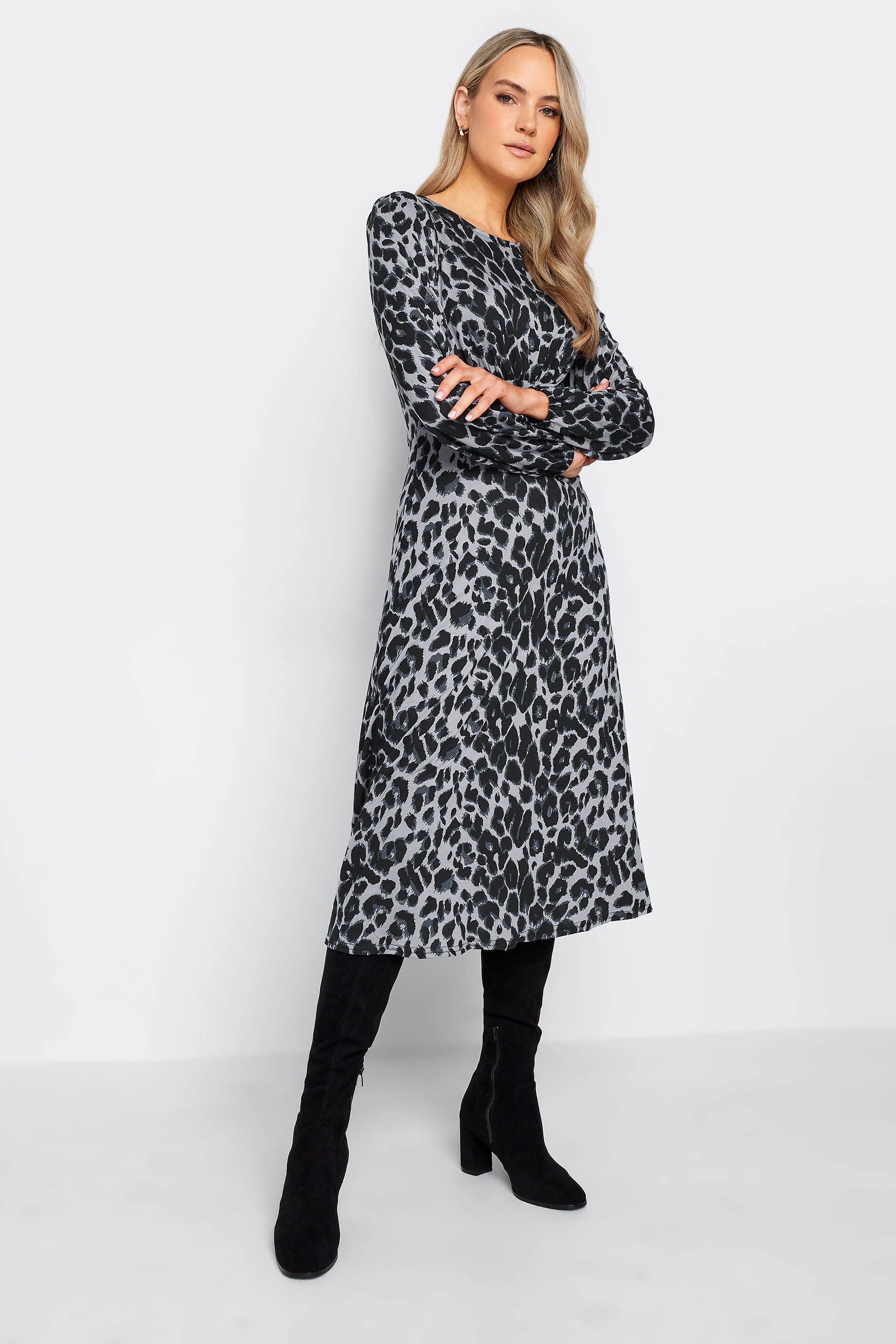 LTS Tall Charcoal Grey Long Sleeve Animal Print Midi Tea Dress | Long Tall Sally 1