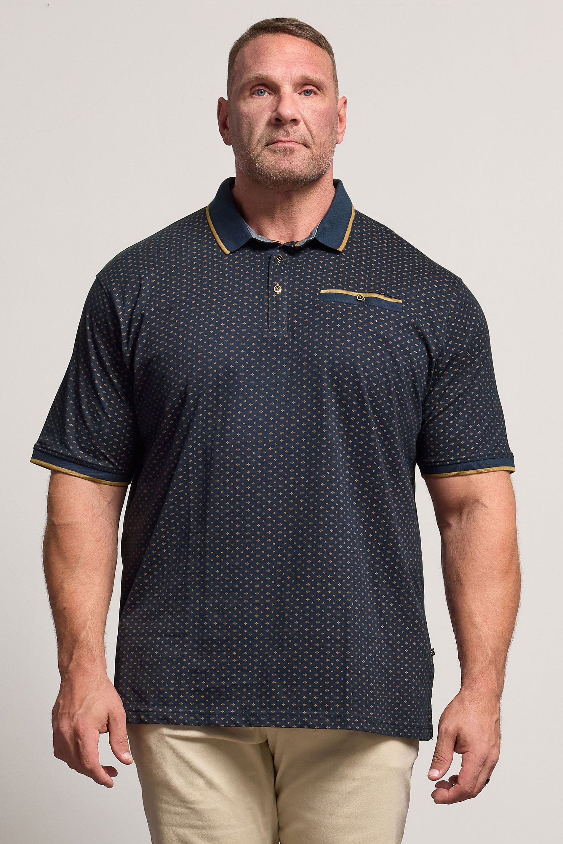 KAM Indigo Blue Geometric Print Short Sleeve Polo Shirt | BadRhino 1