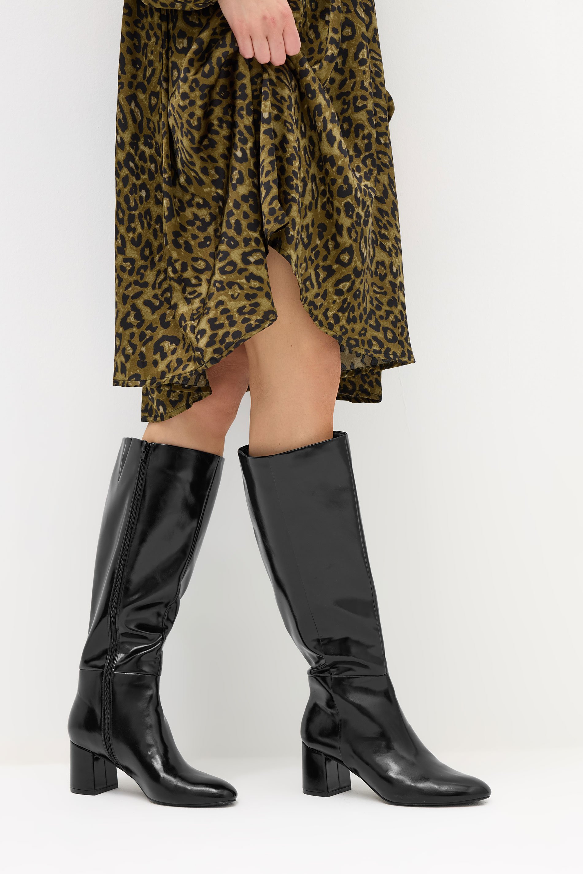 LTS Black Patent Knee High Block Boots In Standard Fit | Long Tall Sally 1