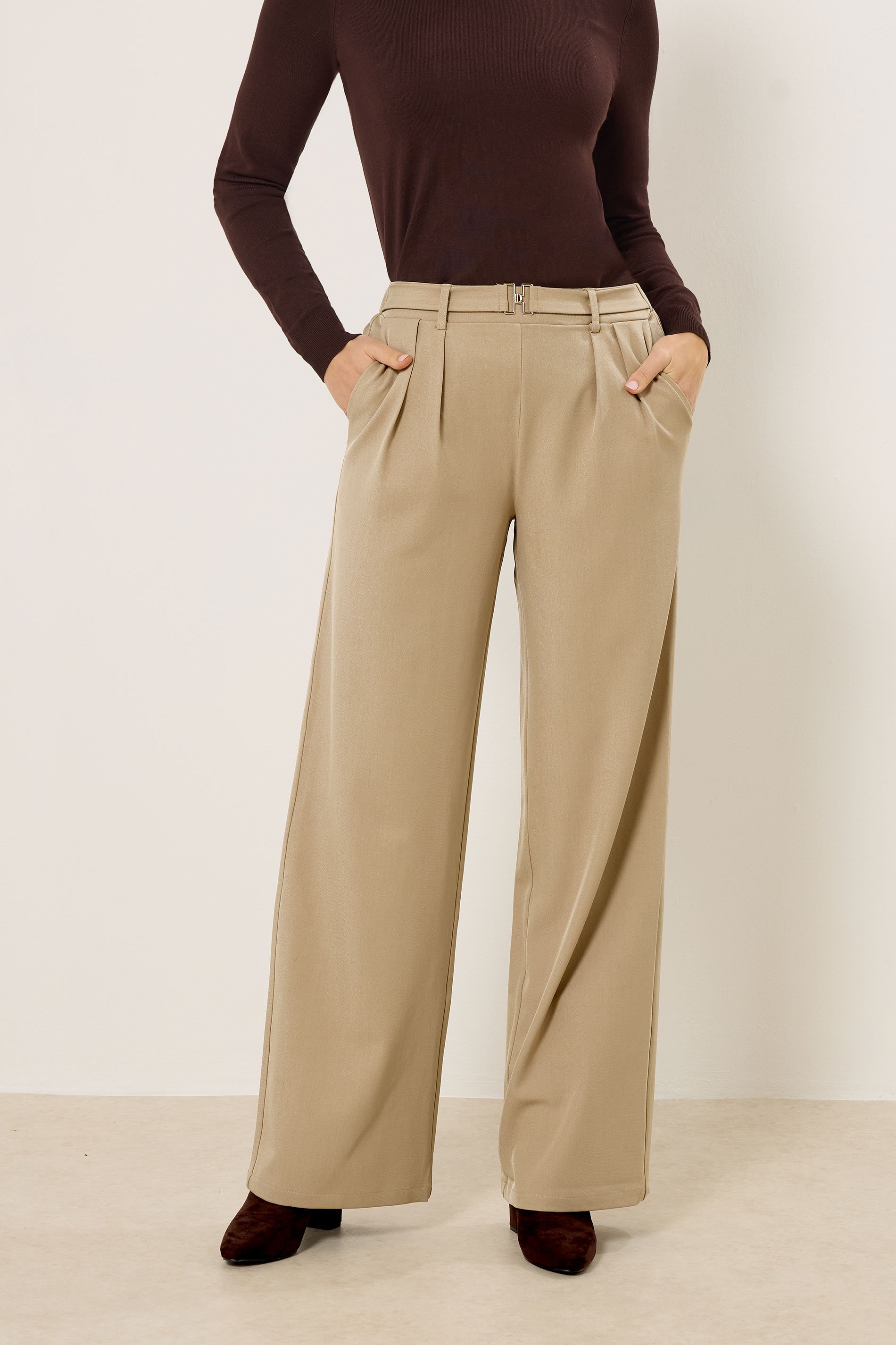 LTS Tall Women's Natural Brown Buckle Wide Leg Trousers | Long Tall Sally 2