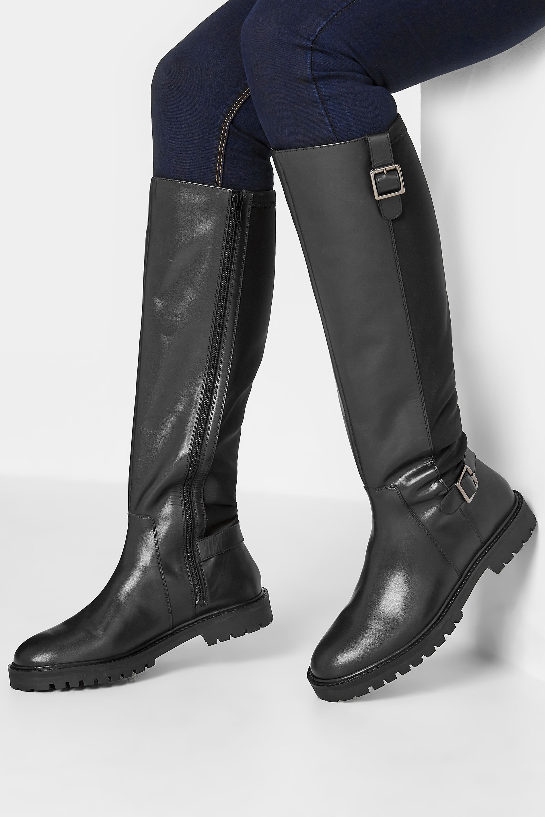 LTS Black Buckle Leather Knee High Boots In Standard Fit | Long Tall Sally 1