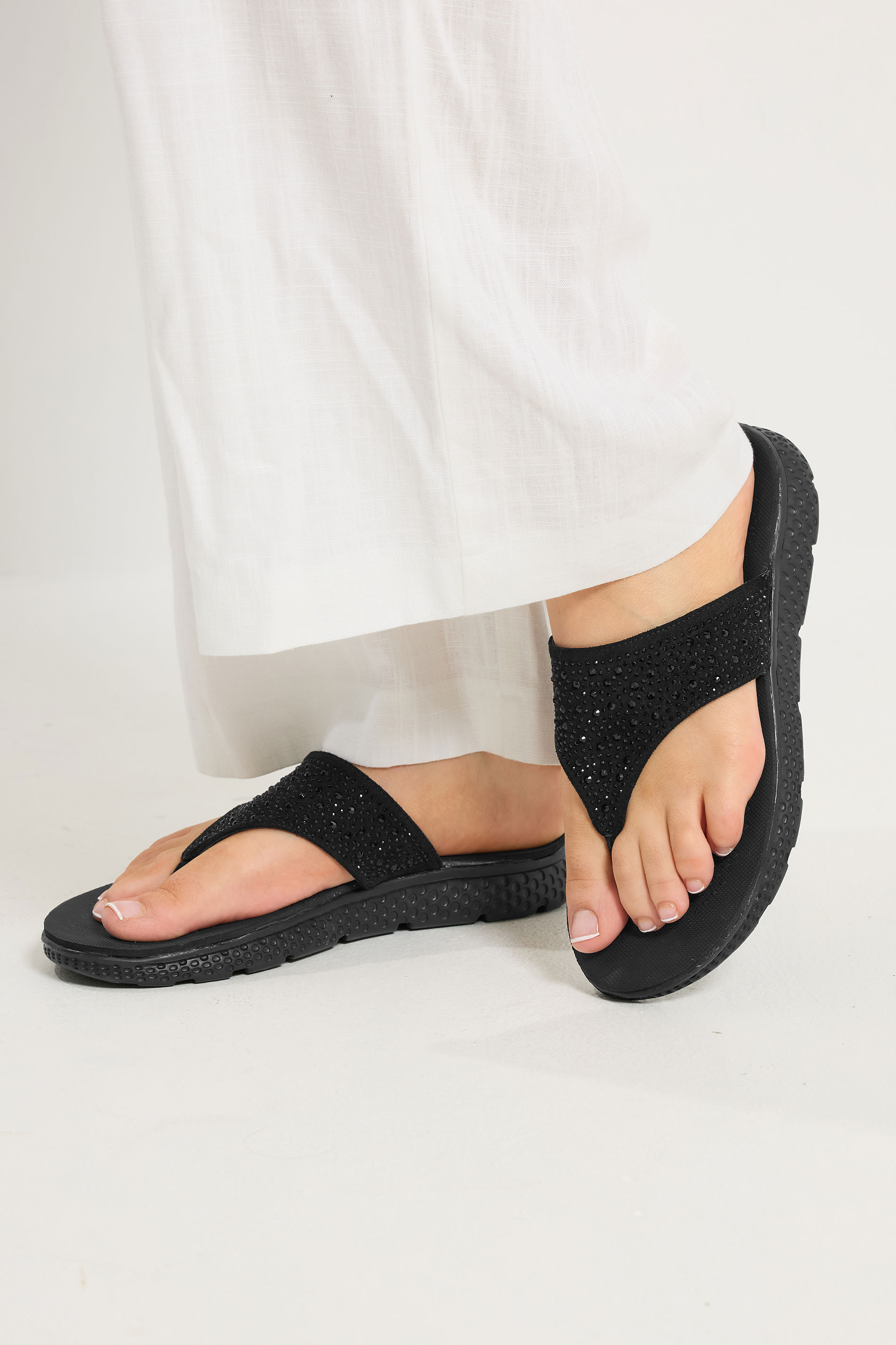 Black Diamante T-Bar Sandals In Wide E Fit | Yours Clothing 1