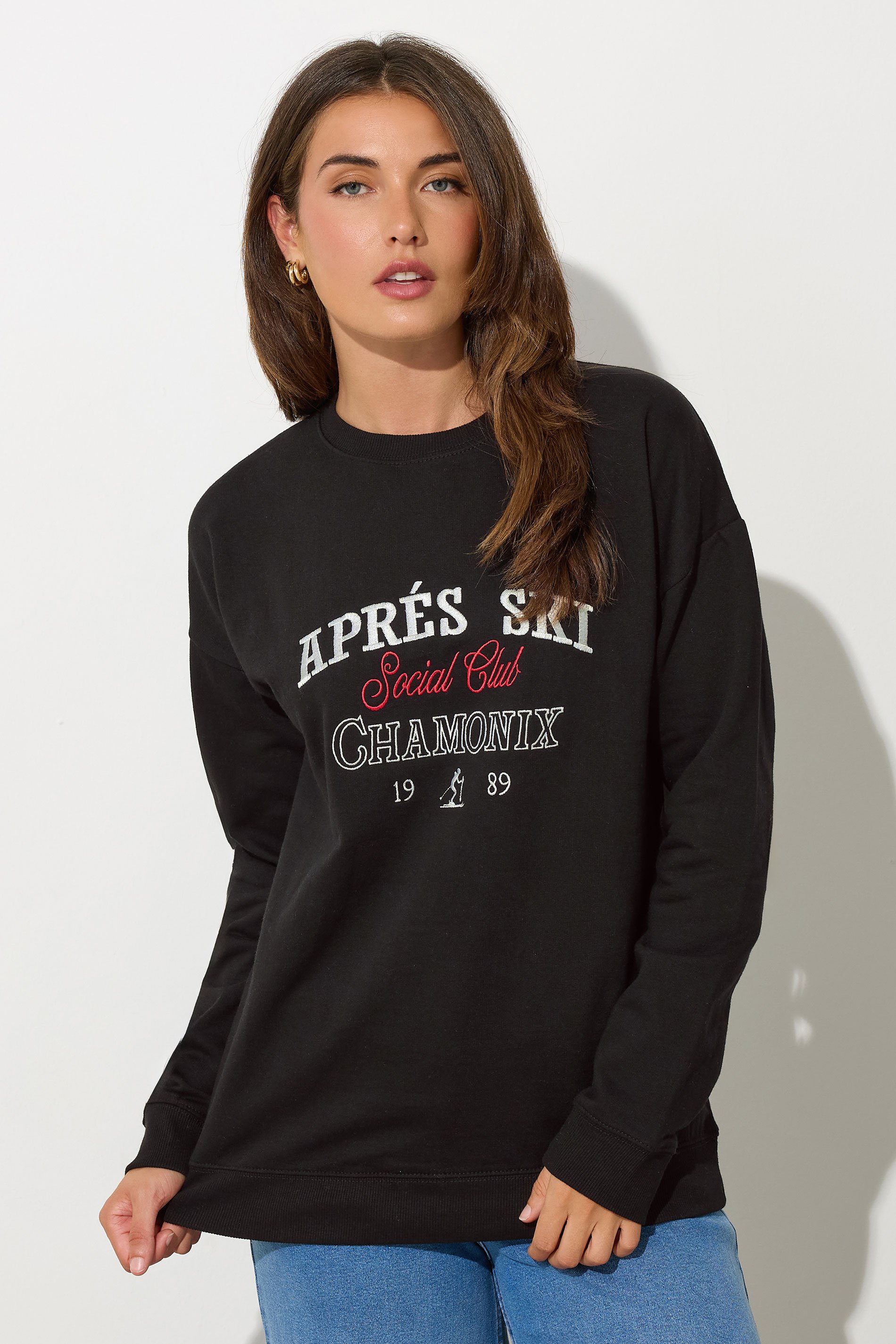 LTS Tall Black 'Apres Ski' Slogan Sweatshirt | Long Tall Sally 2