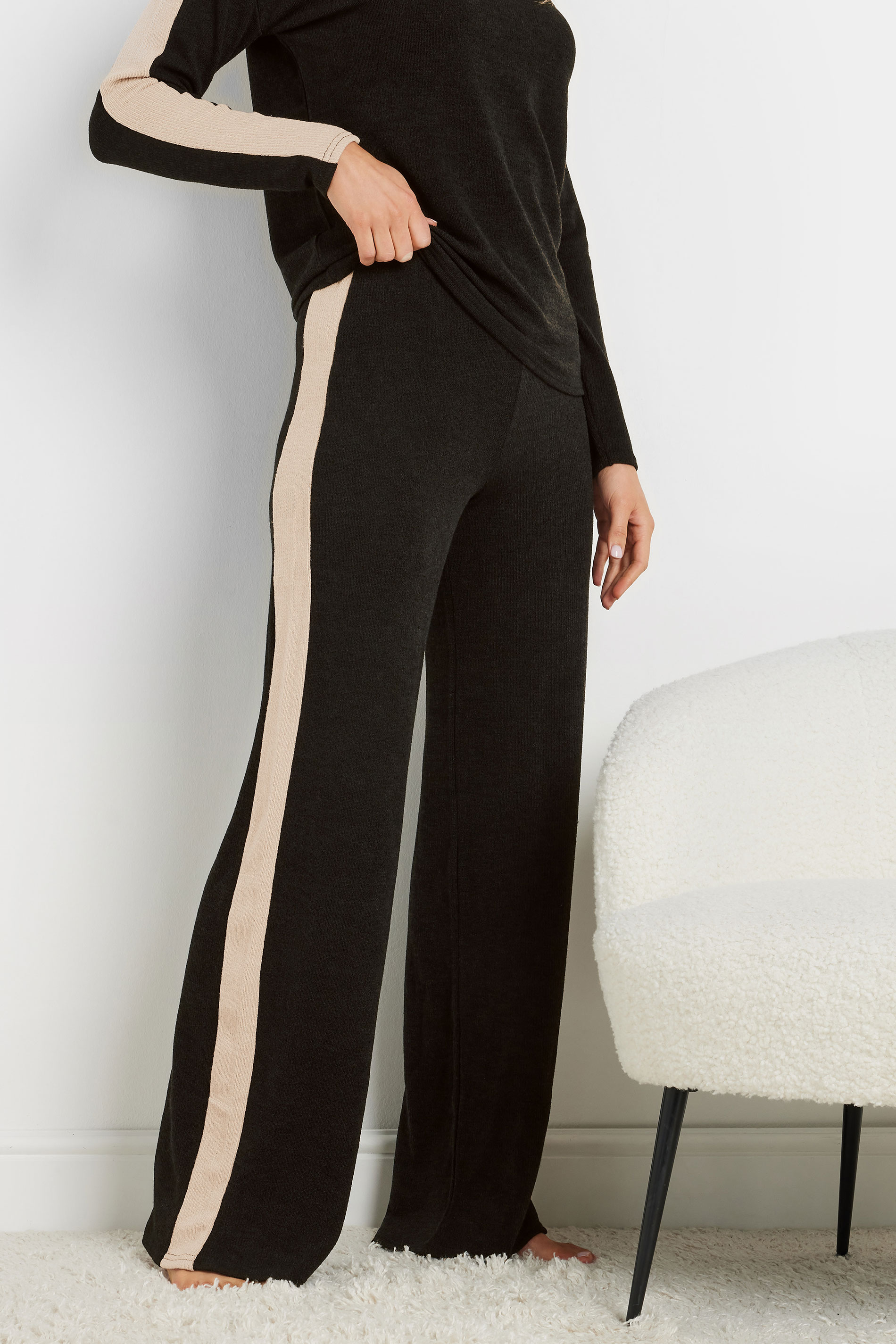 LTS Tall Black Soft Touch Side Stripe Wide Leg Trousers | Long Tall Sally 3
