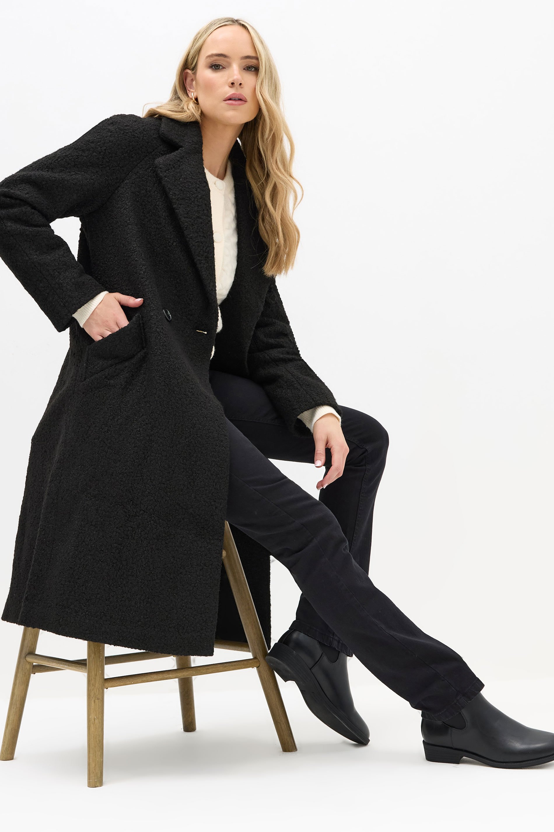 LTS Tall Women's Black Boucle Wrap Midi Coat | Long Tall Sally 2
