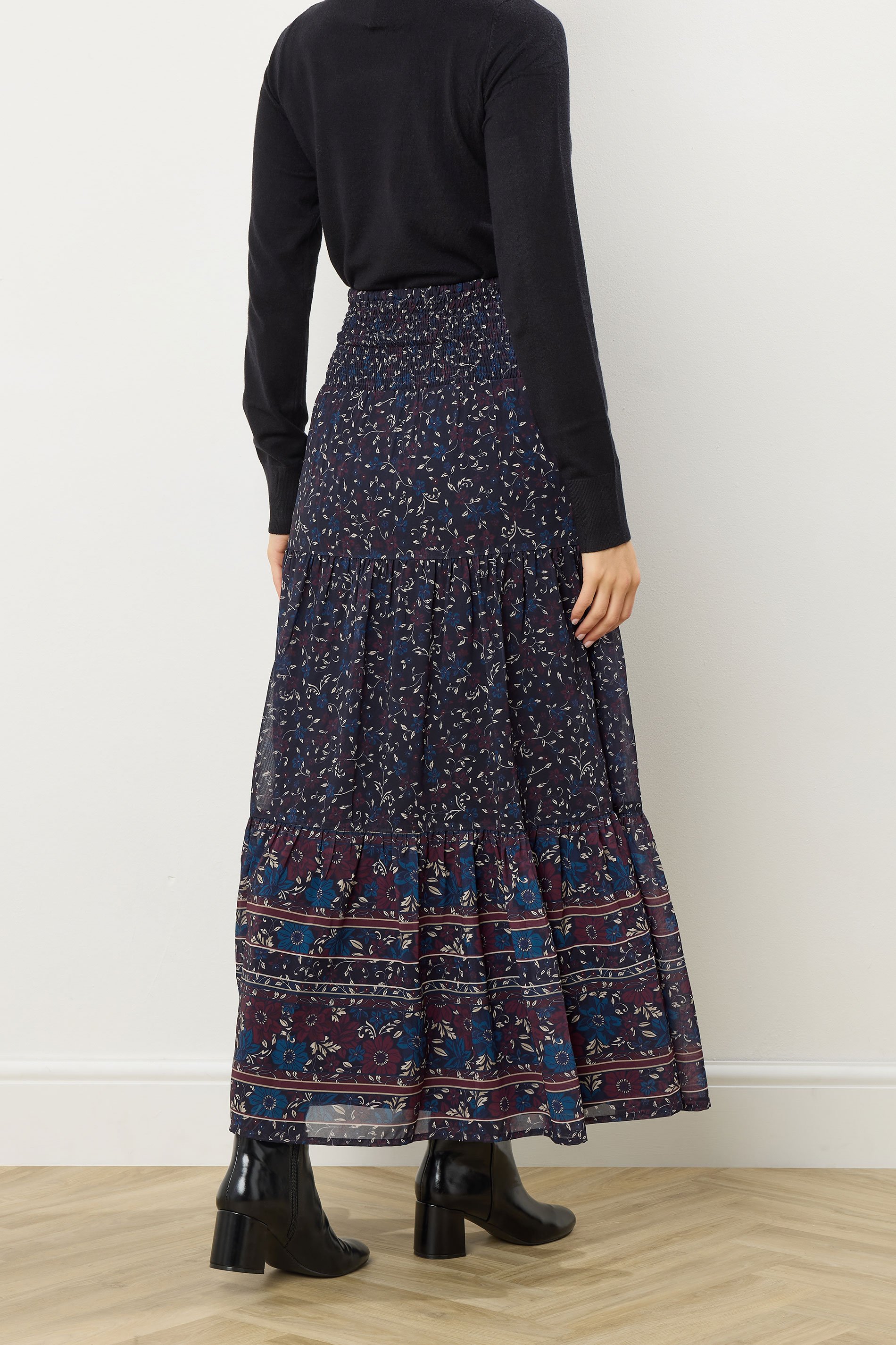LTS Tall Navy Blue Floral Border Tiered Maxi Skirt | Long Tall Sally 3