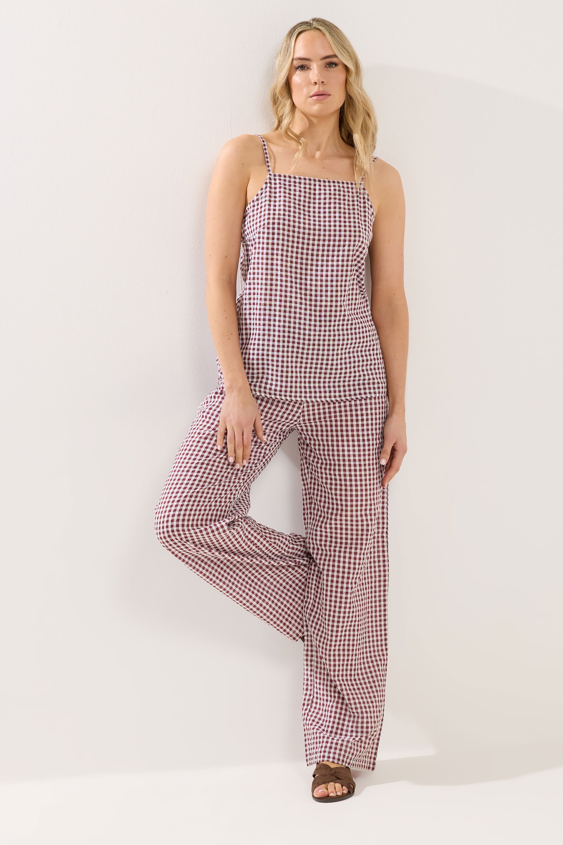 LTS Tall Women's Burgundy Red Gingham Cotton Wide Leg Trousers | Long Tall Sally 3