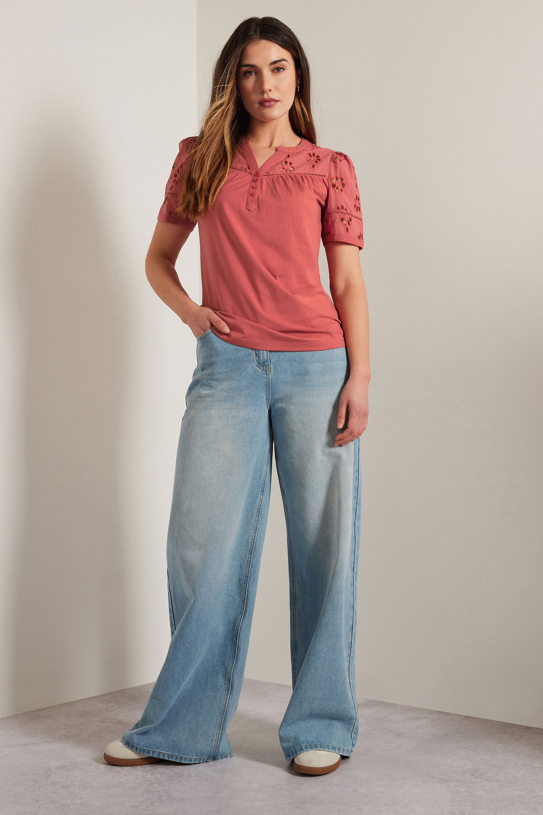 LTS Tall Coral Pink Cotton Broderie Short Sleeve Top | Long Tall Sally 3