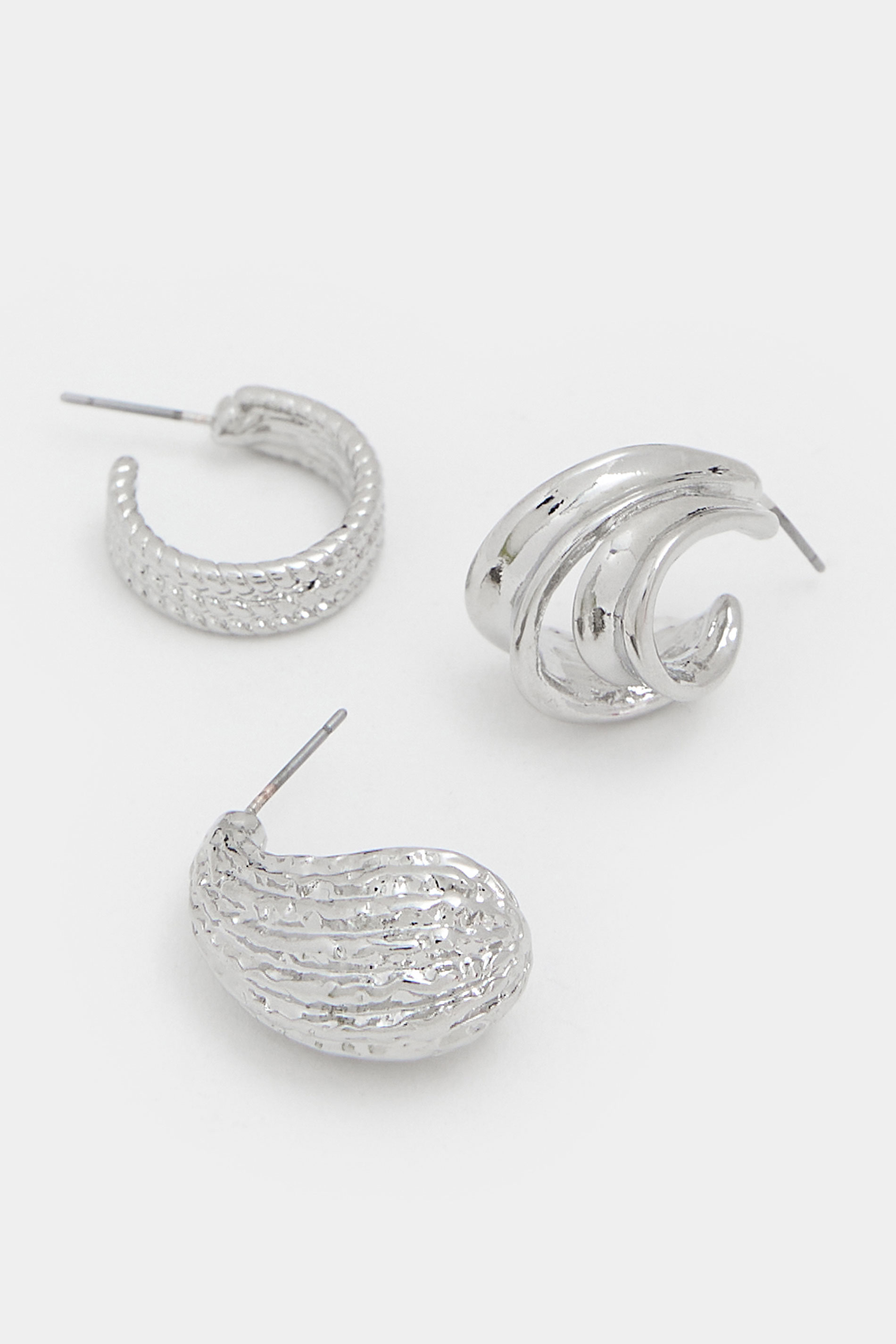 YOURSET 3 PACK Silver Textured Hoop Earrings | Yours Clothing 4