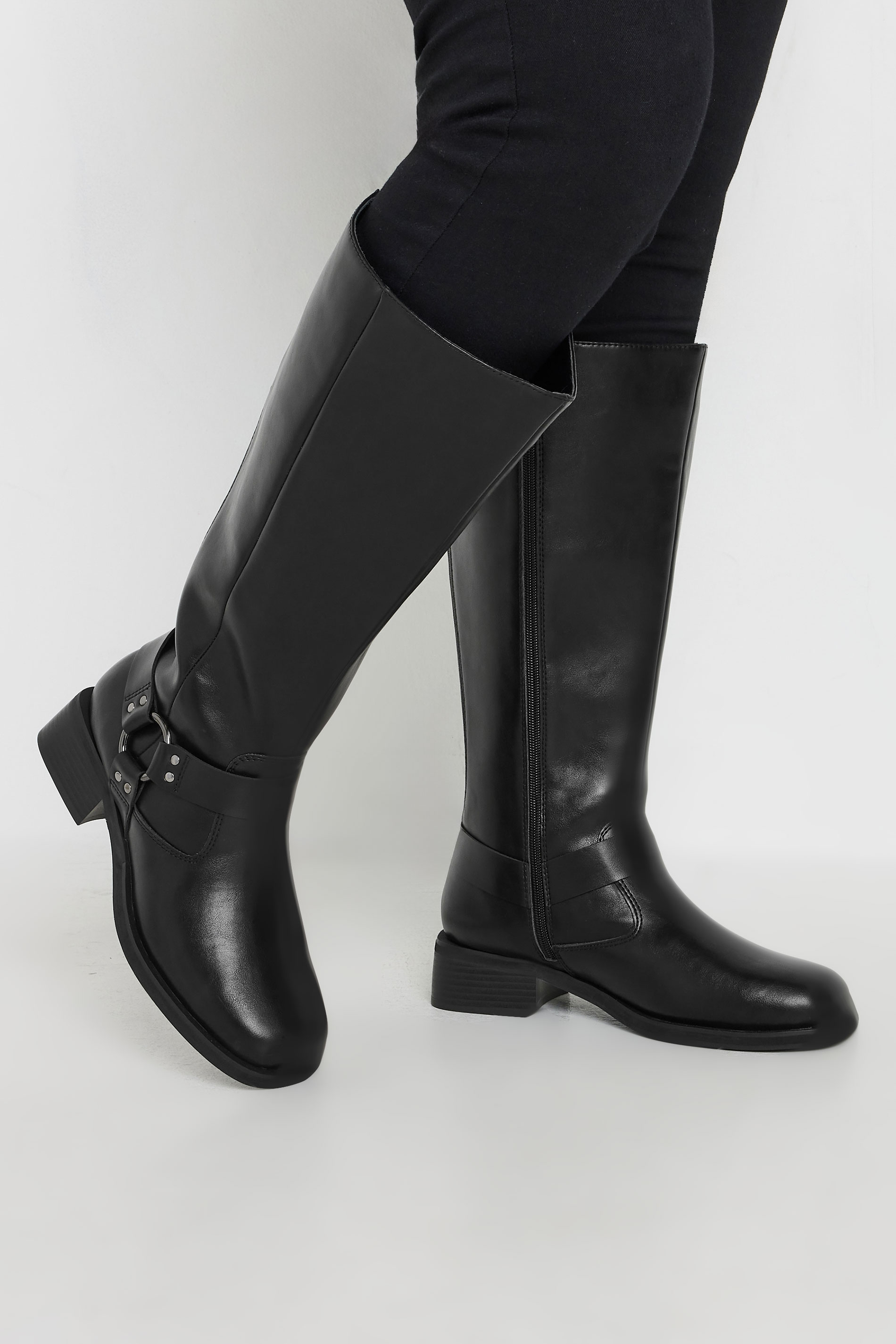Black Harness Detail Knee High Biker Boots In Extra Wide EEE Fit | Yours Clothing 1