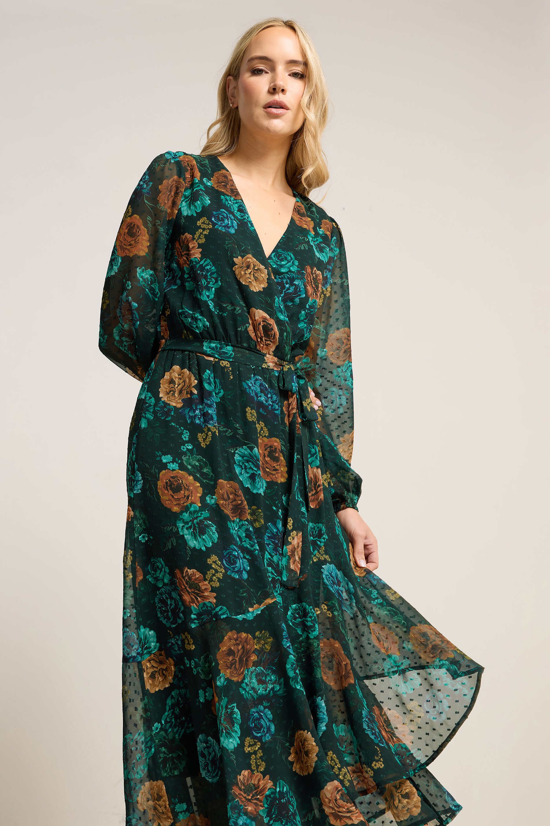 LTS Tall Dark Green Floral Chiffon Dobby Dress | Long Tall Sally 2