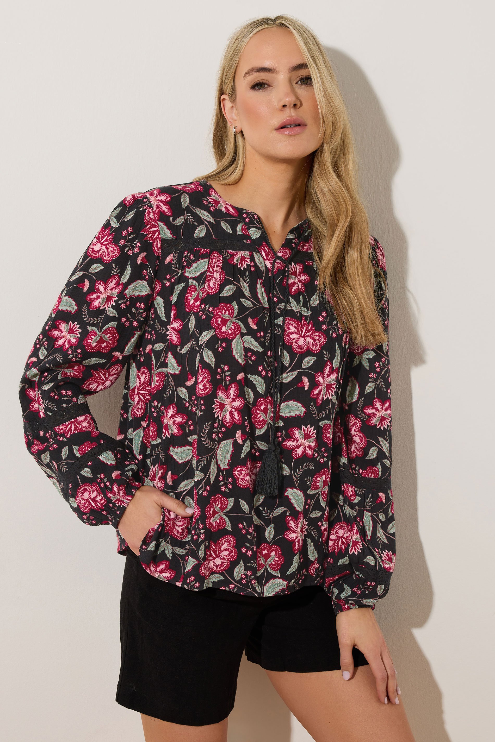 LTS Tall Black Floral Tassel Tie Blouse | Long Tall Sally 2