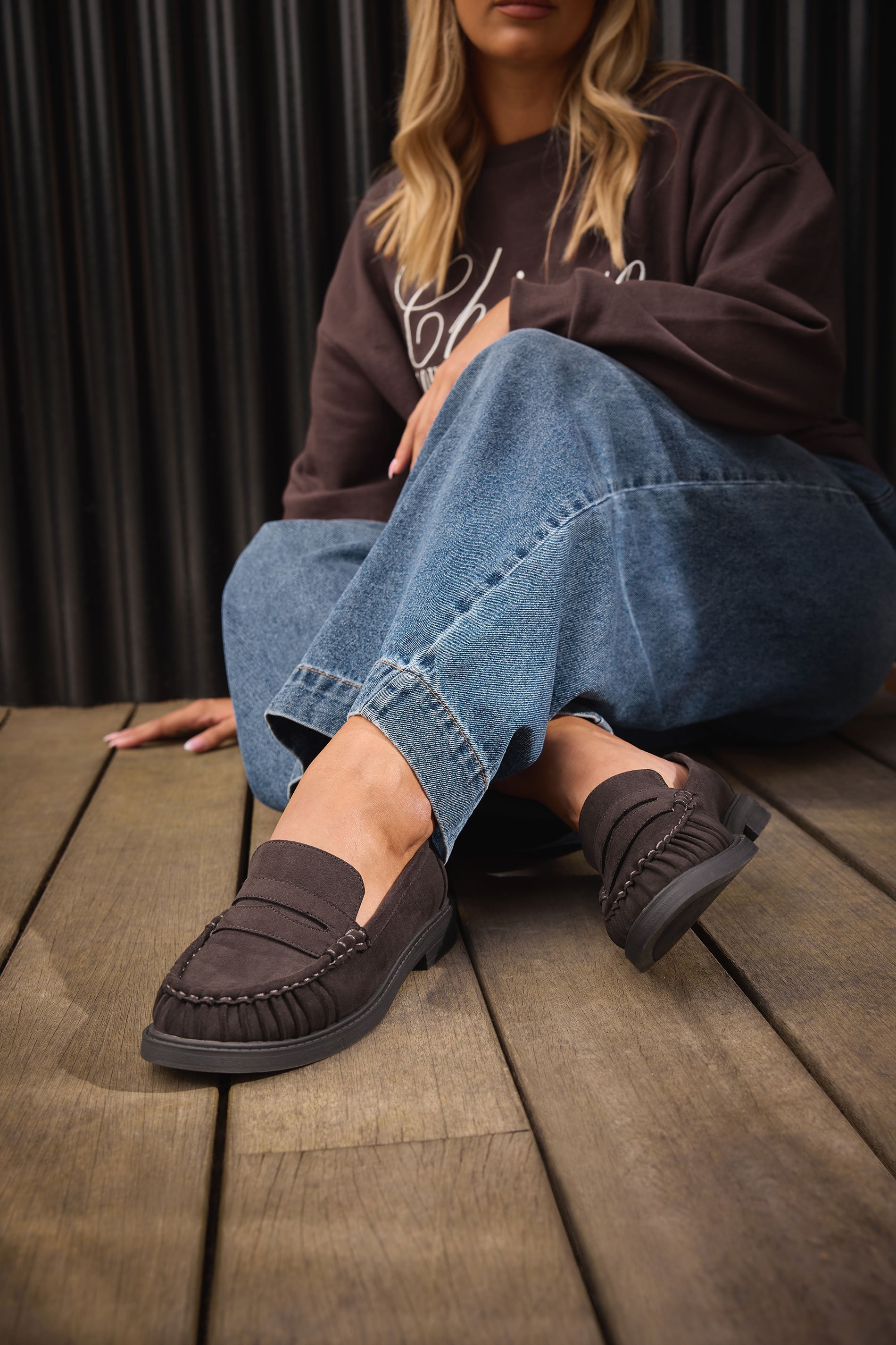 Chocolate Brown Faux Suede Ruched Front Loafers In Extra Wide EEE Fit | Yours Clothing 1