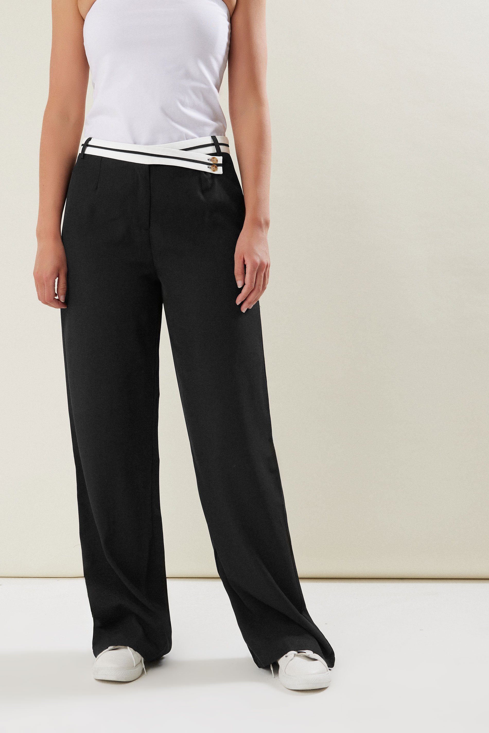 LTS Tall Black Cross Over Contrast Waistband Trousers | Long Tall Sally 3