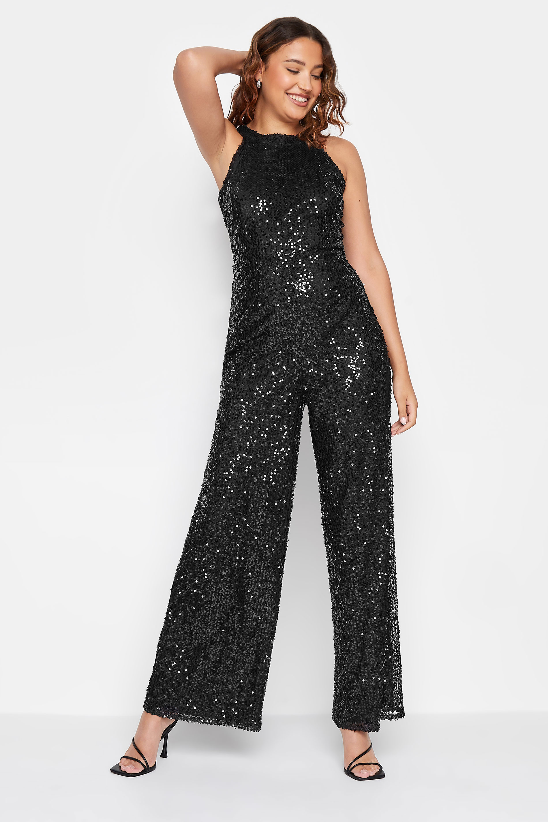 LTS Tall Black Sequin Embellished Halter Neck Jumpsuit | Long Tall Sally 2