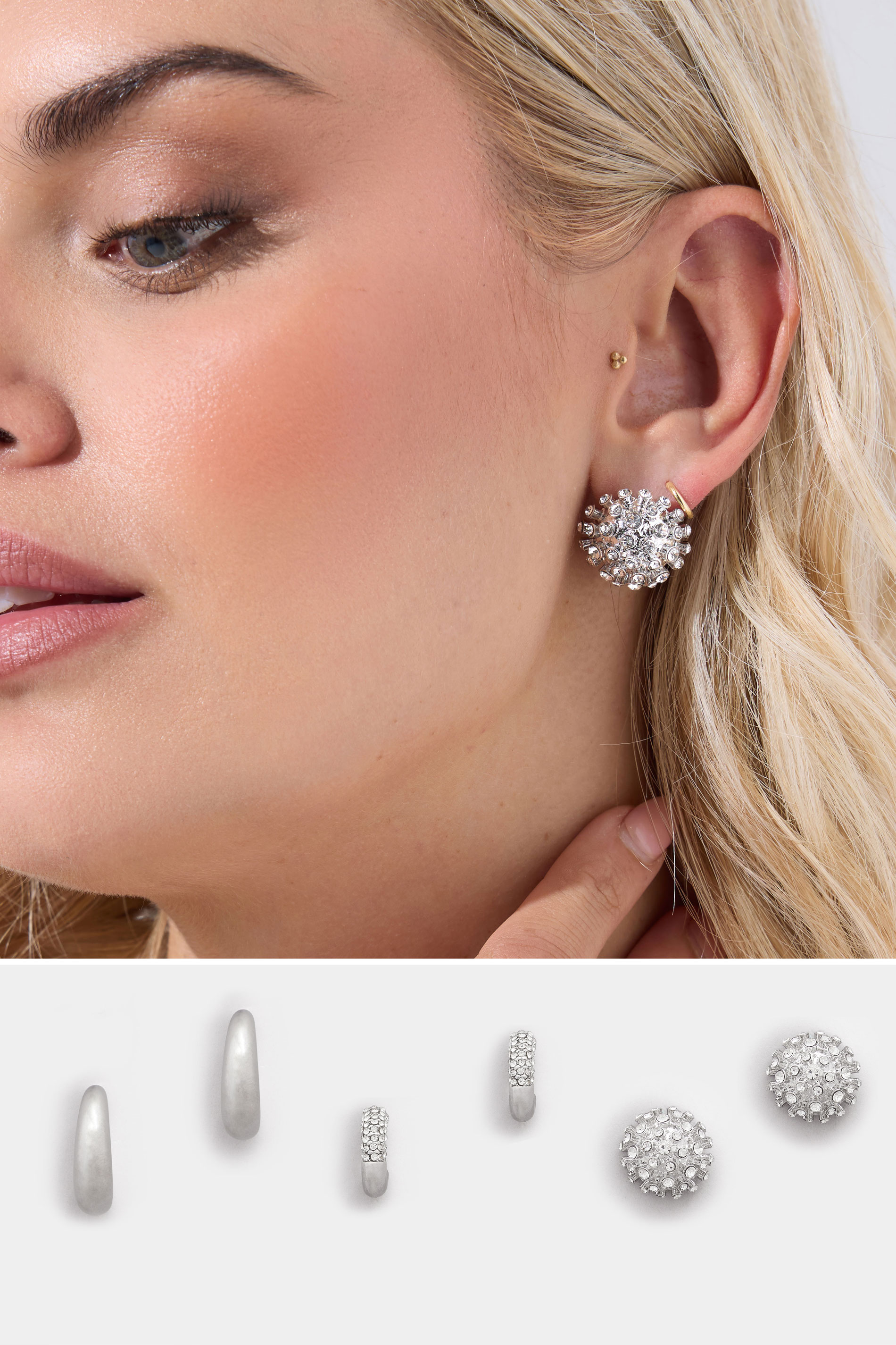 3 PACK Silver Tone Mixed Stud & Hoop Earring Set | Yours Clothing 1