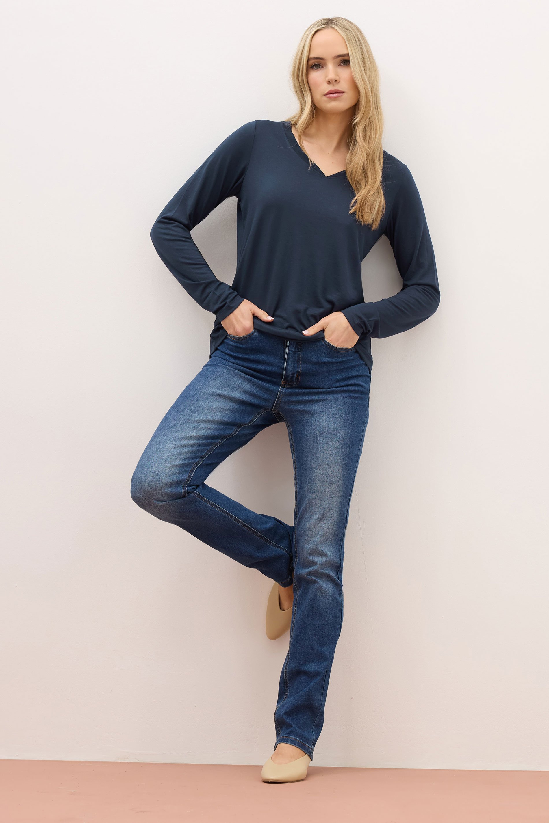 LTS PREMIUM Tall Navy Blue Long Sleeve V-Neck Top | Long Tall Sally 2